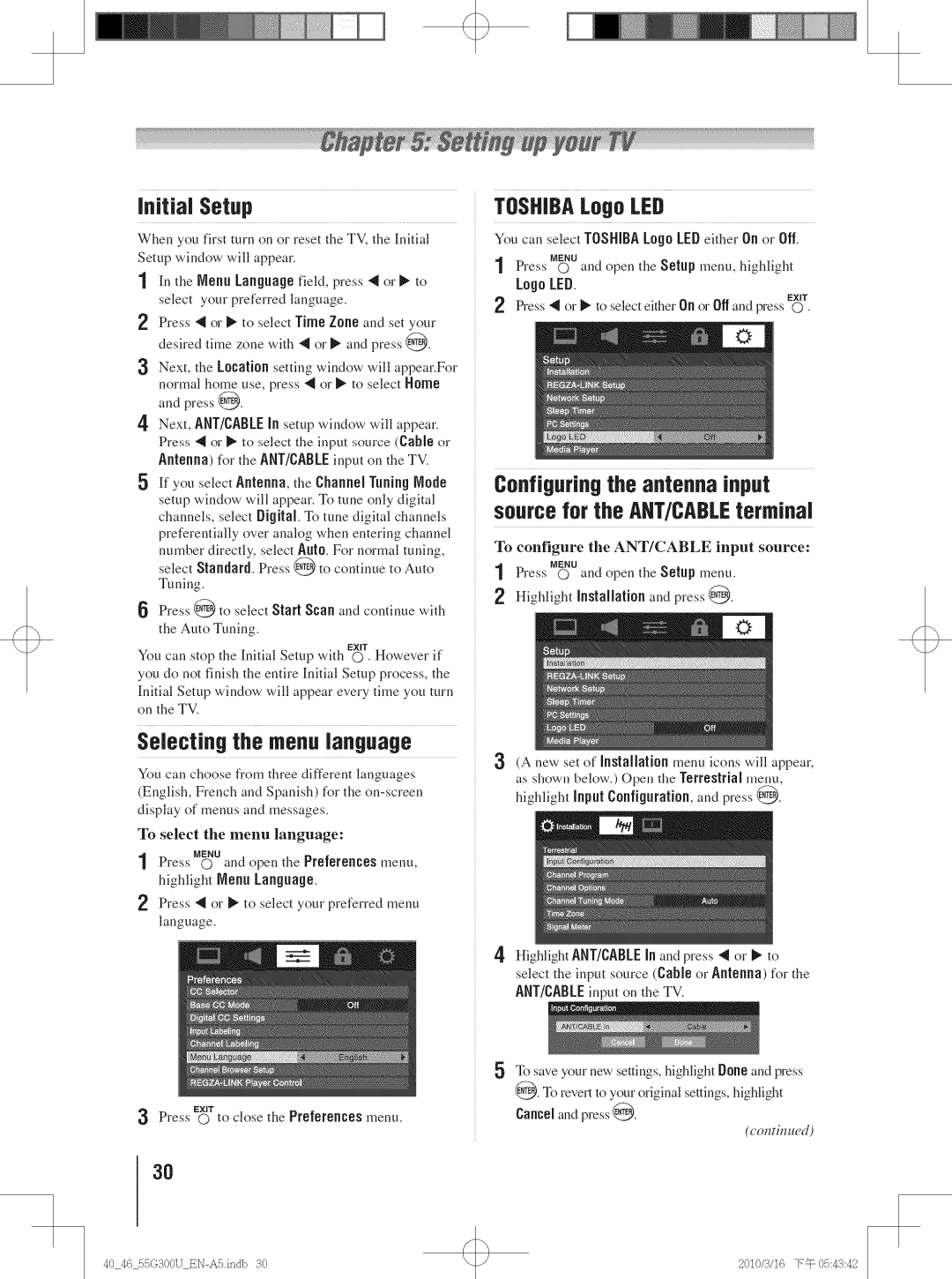 Toshiba 40G30U, 40G300U, 55G300U, 46G30U, 46G300U Selecting the menulan.quage, Initial Setup, TOSHIBALogo LED, Menn Language 