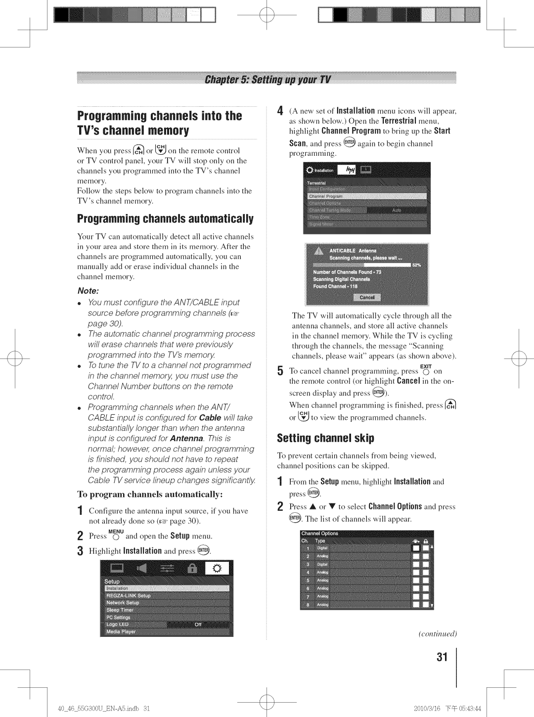 Toshiba 40G300U, 40G30U Programmingchannelsinto TVschannel memory, Programmingchannelsautomatically, Setting channel skip 