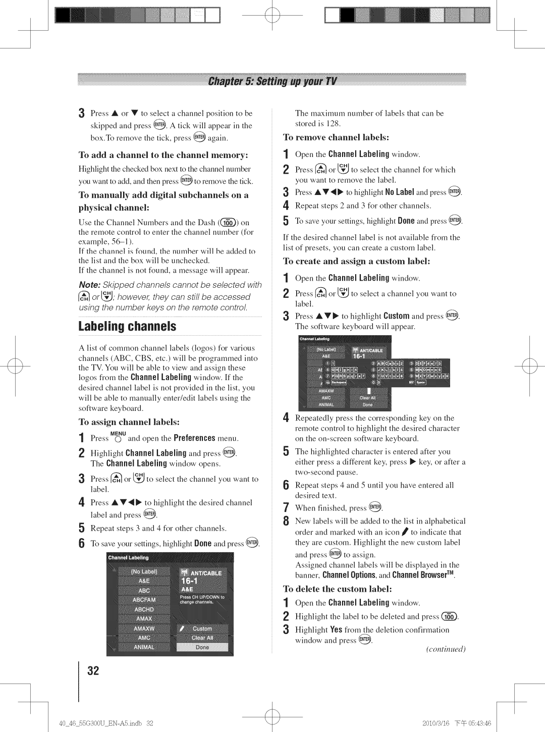 Toshiba 55G300U, 40G30U Lahelin9 channels, To assign channel labels, To remove channel labels, To delete the custom label 