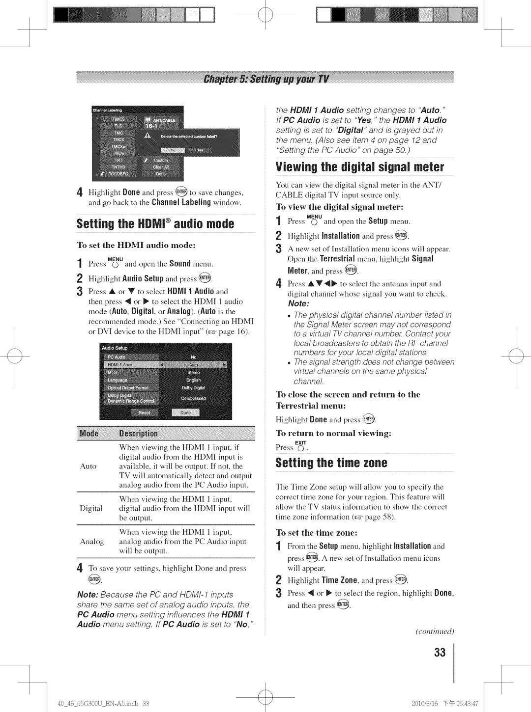 Toshiba 46G30U, 40G30U, 40G300U manual Setting the Hdmj audio mode, Viewing the digital signal meter, Setting the time zone 