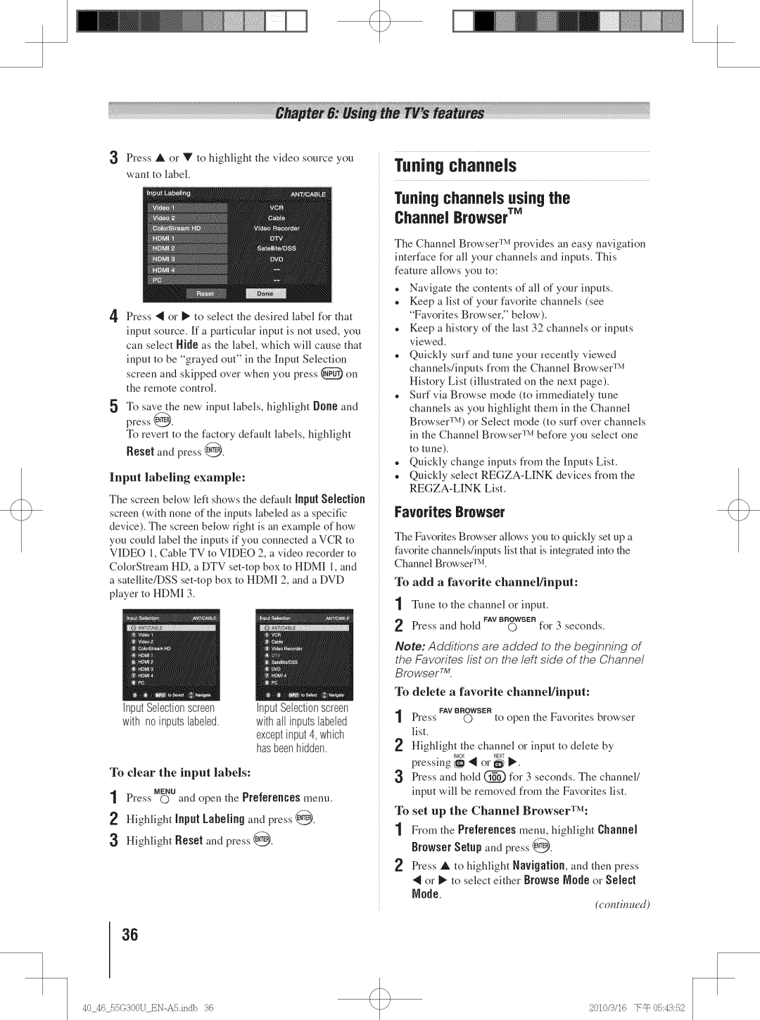 Toshiba 40G300U, 40G30U, 55G300U, 46G30U manual Tuning channels Tuningchannelsusingthe, ChanneJ Browser TM, Favorites Browser 