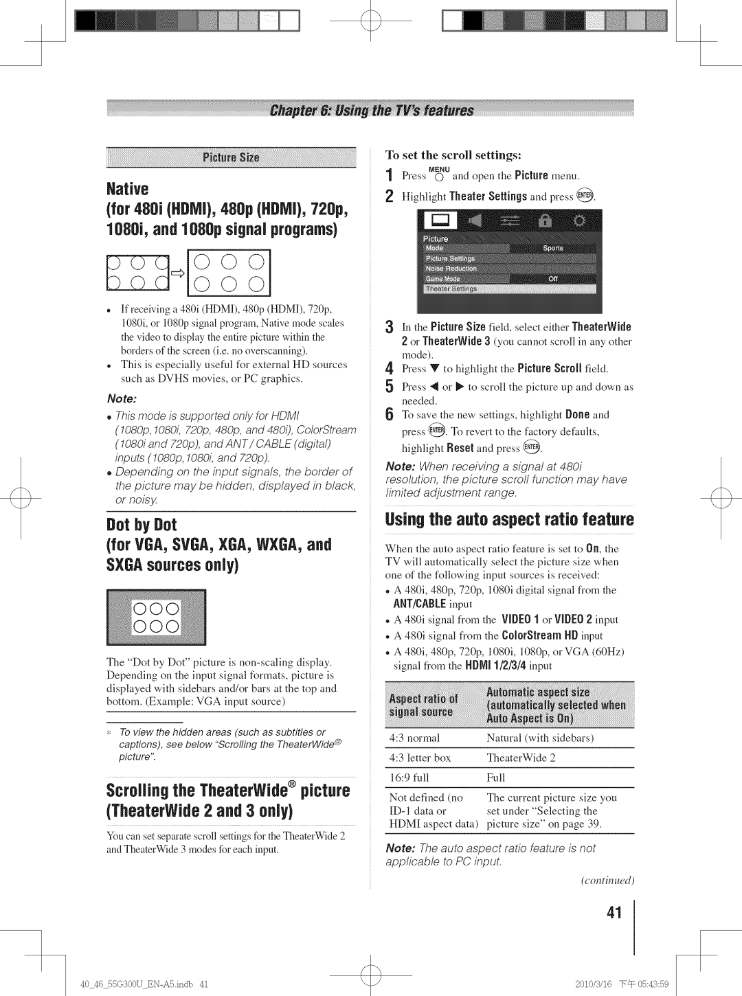 Toshiba 40G300U manual TheaterWide2 and 3 only, Usingthe autoaspect ratiofeature, Native, Scrolling the TheaterWide picture 