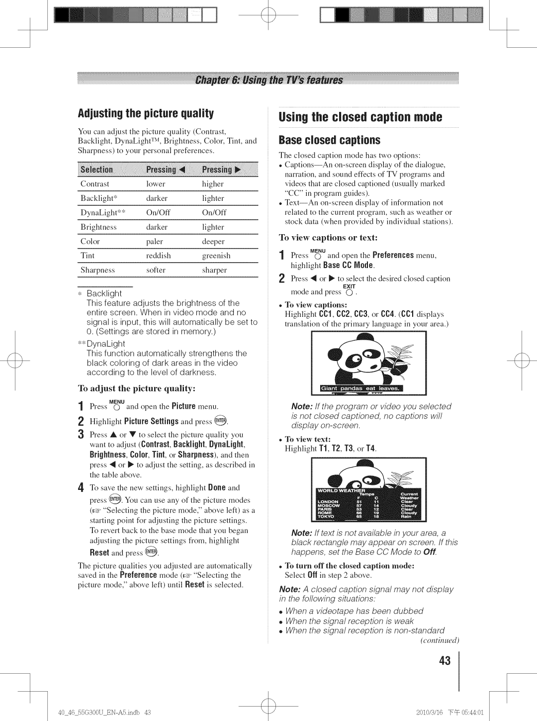 Toshiba 46G30U, 40G30U manual Using the closed caption mode Base closed captions, Adjusting the picture quaIRy, Collrill,d 