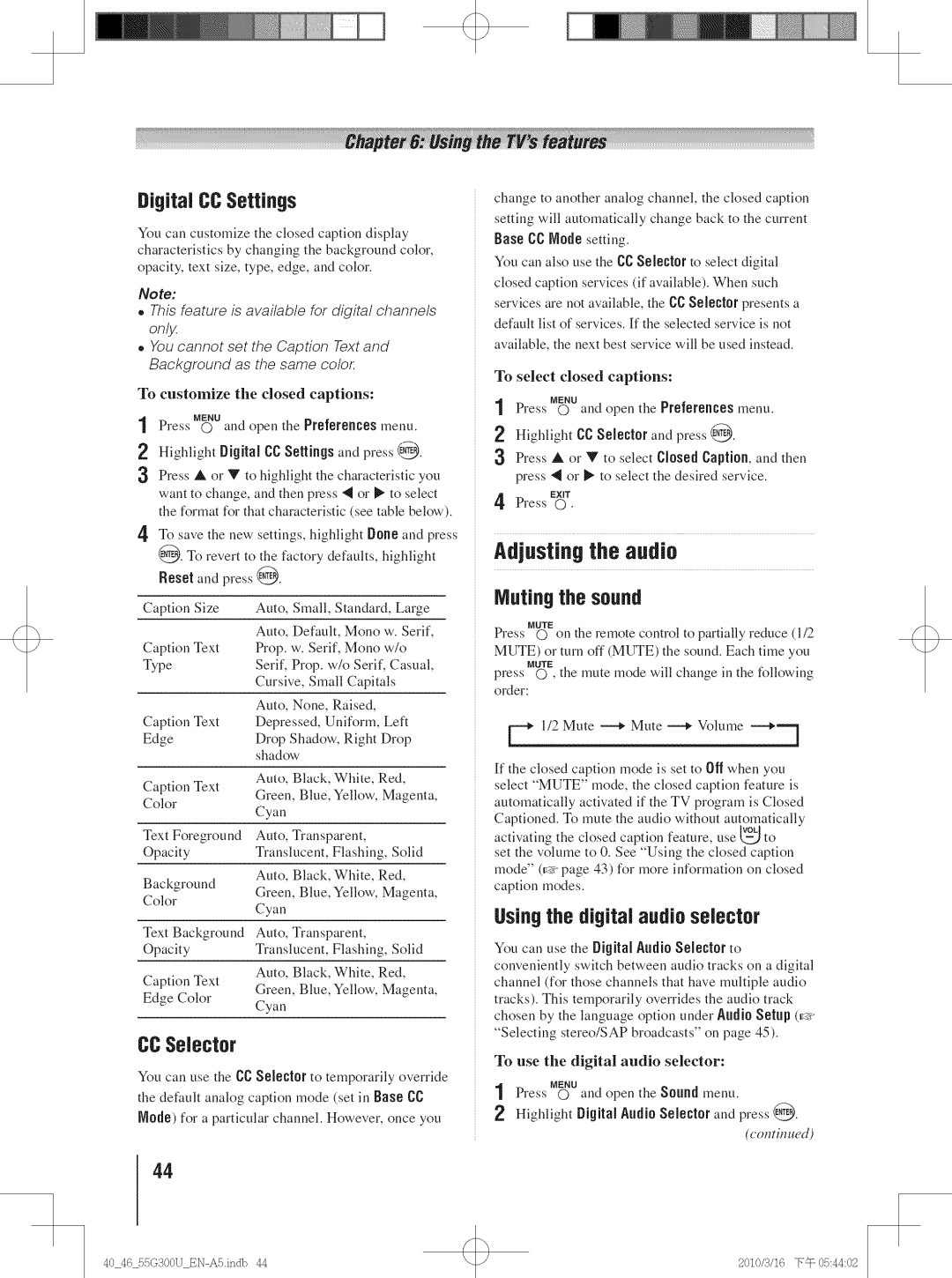 Toshiba 46G300U manual Adjusting the audio, DigRalCCSetUngs, CCSelector, Muting the sound, Usingthe digital audio selector 