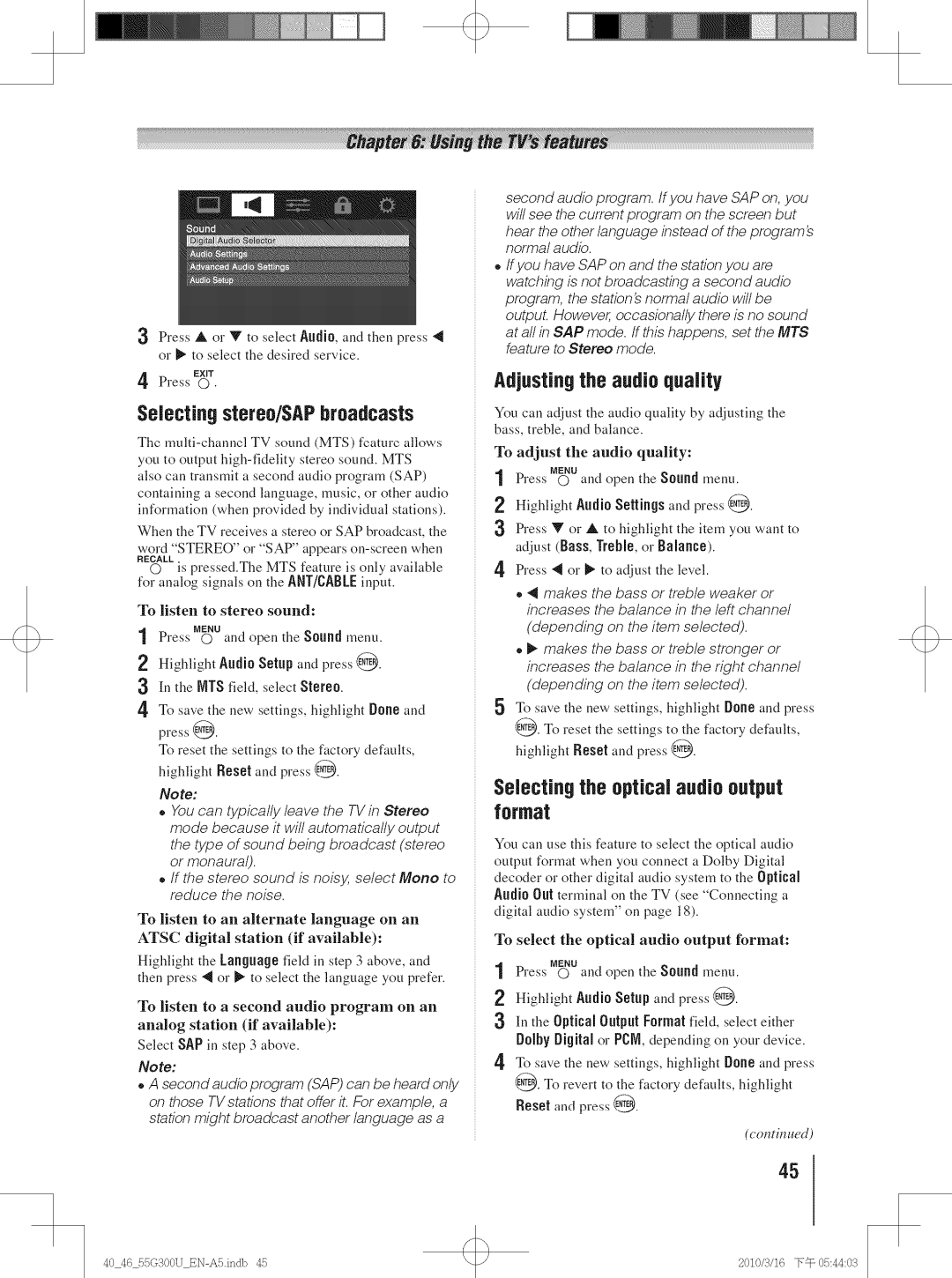 Toshiba 40G30U, 40G300U Selecting stereo/SAPbroadcasts, Adjustingthe audio quaIRy, SeiecUngthe optical audio output format 