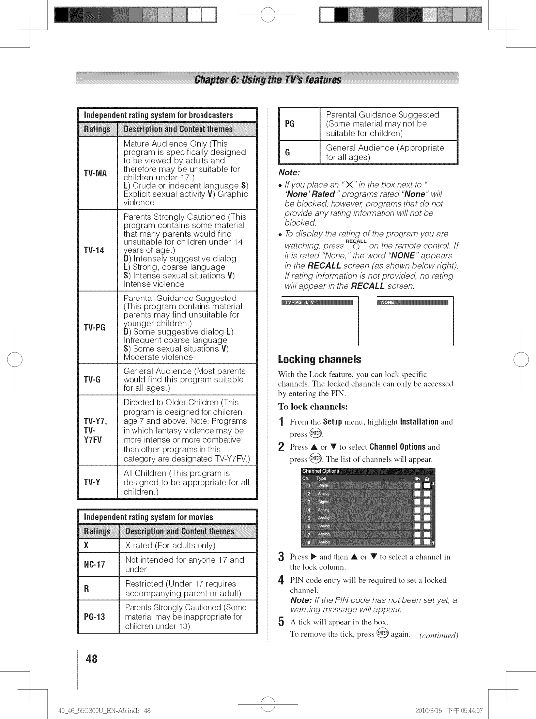 Toshiba 46G30U, 40G30U Lockingchannels, Independentrating system for movies, NC-17 Not intended for anyone 17 and under 