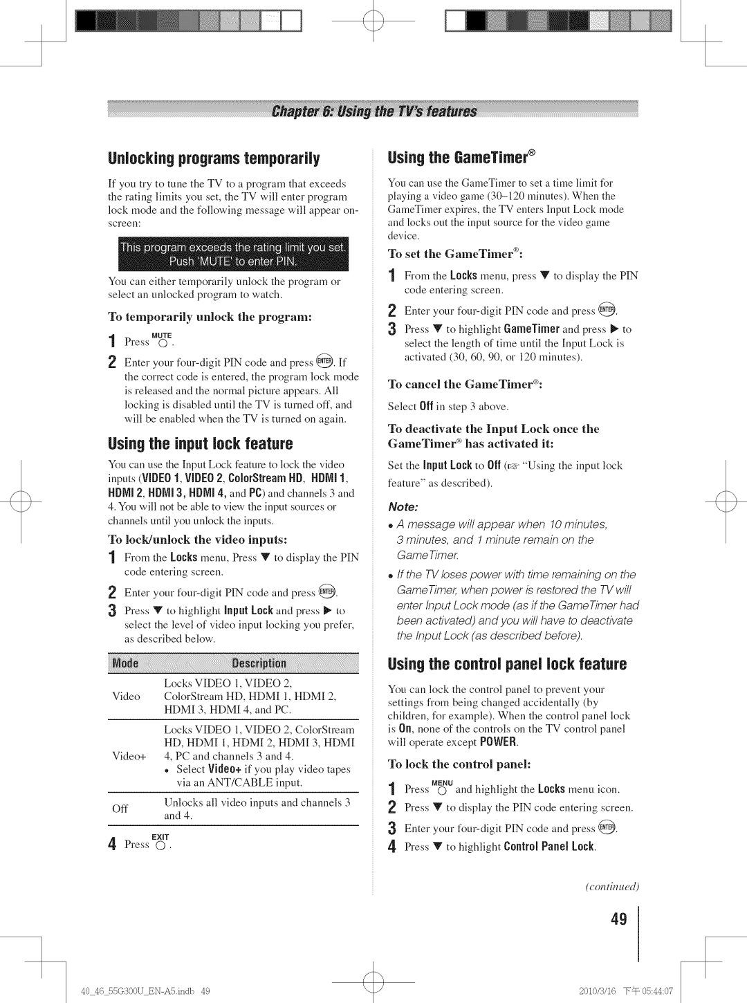 Toshiba 46G300U Unlockingprogramstemporarily, Usingthe input lock feature, Usingthe GameTimer, To cancel the GameTimer 