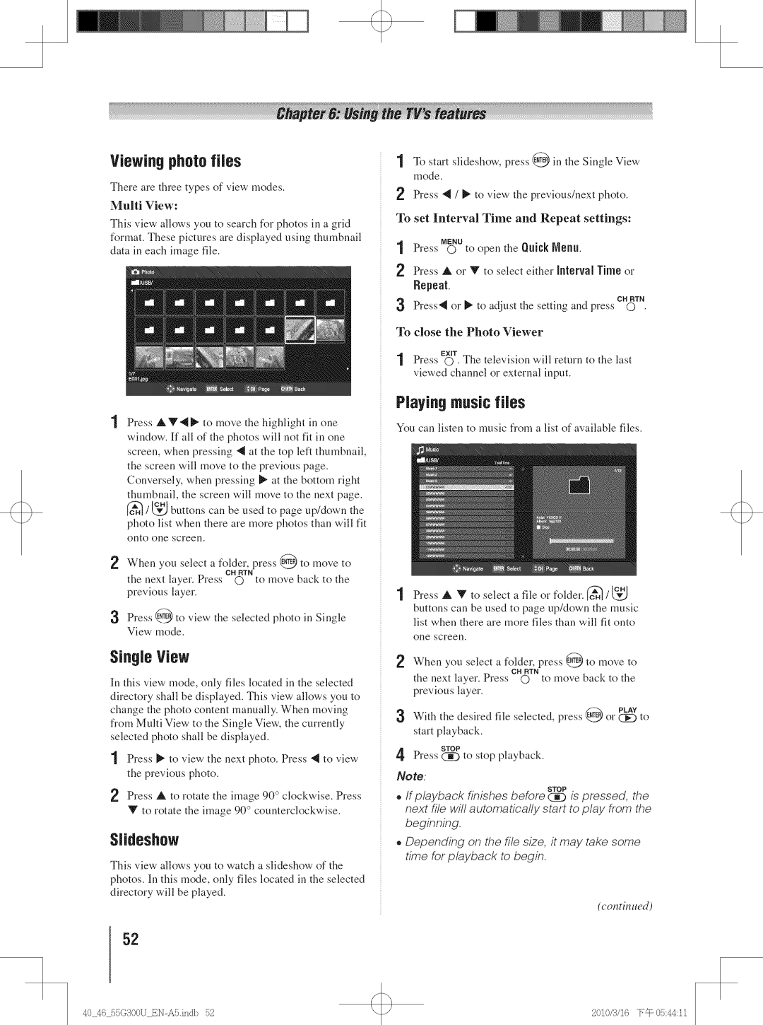 Toshiba 55G300U, 40G30U, 40G300U, 46G30U, 46G300U manual Viewing photoflies, SingleView, Slidesh0w, Playing music files 