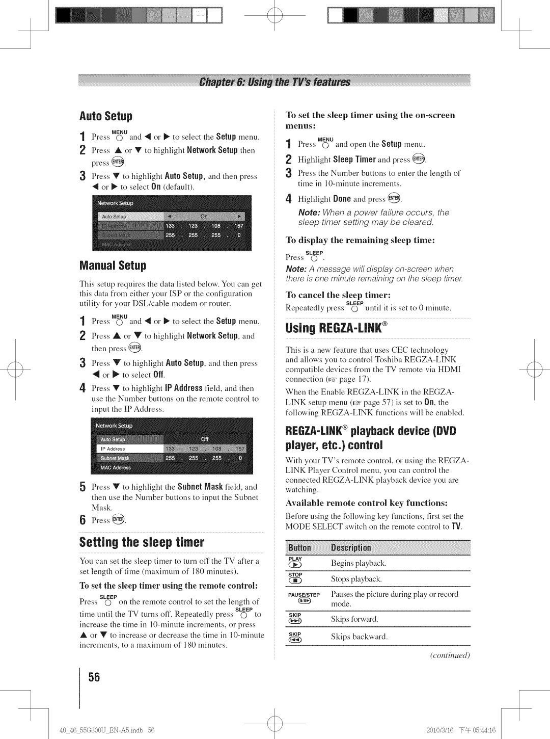 Toshiba 40G300U Setting the sleep timer, UsingREGZA-LIRR, Manual Setup, REGZA-LINRplayback device DVD player, etc. control 