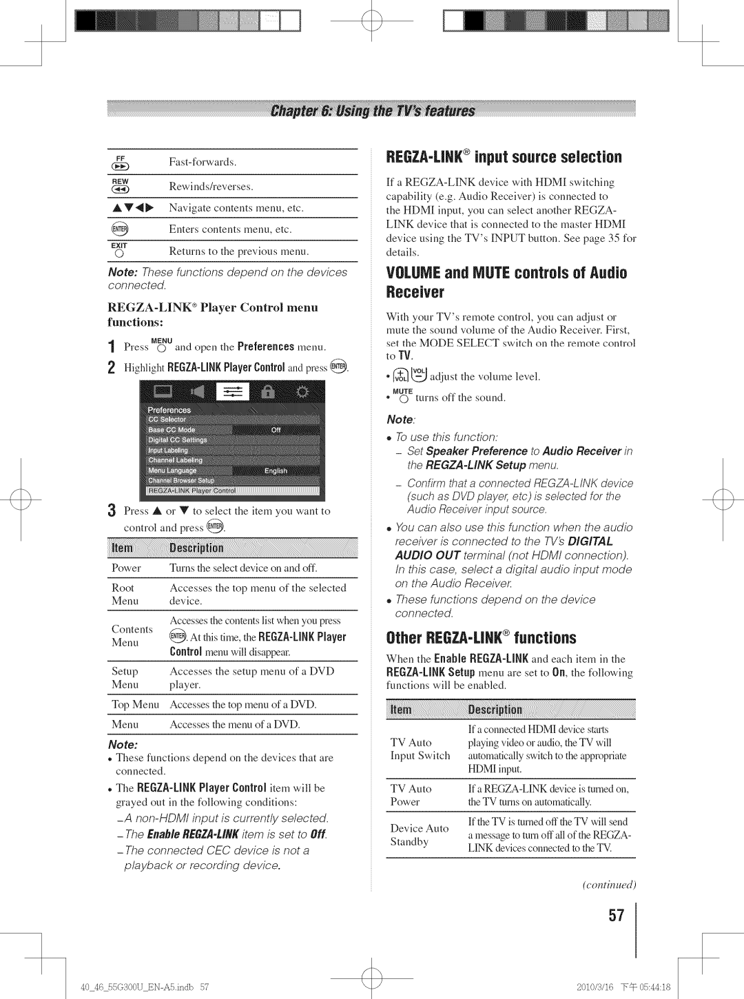 Toshiba 55G300U, 40G30U, 40G300U, 46G30U, 46G300U REGZA-LINRinputsourceselection, Receiver, Volume and Mute controls of Audio 