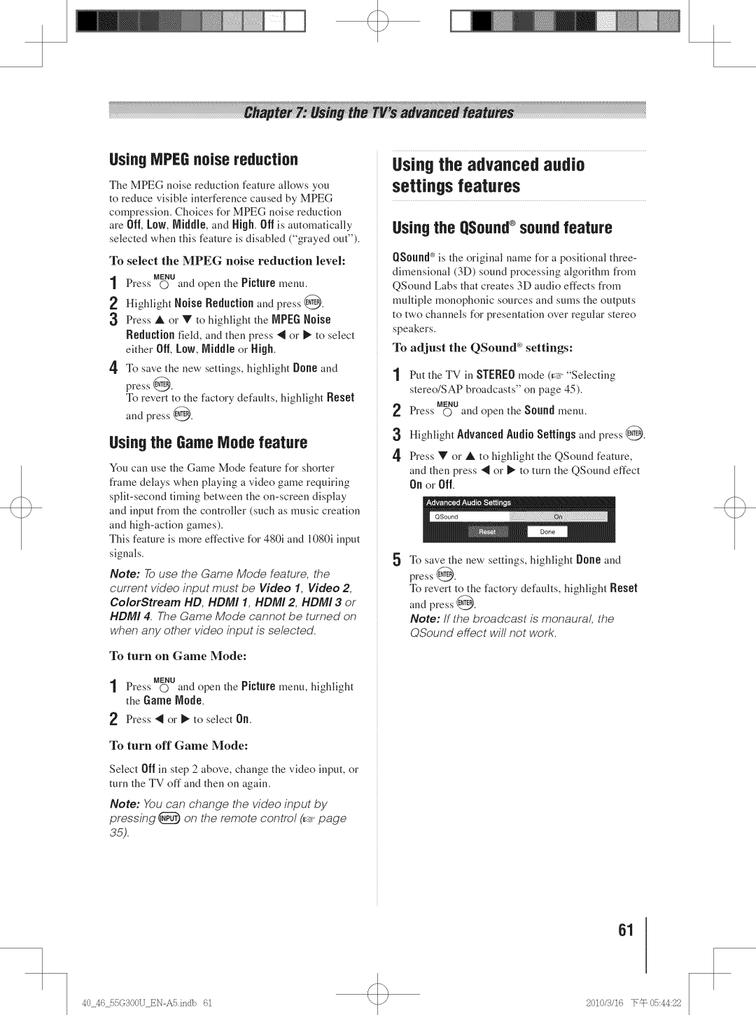 Toshiba 40G300U, 40G30U Usingthe advanced audio, Settings features, UsingNPEGnoisereduction, Usingthe GameNode feature 