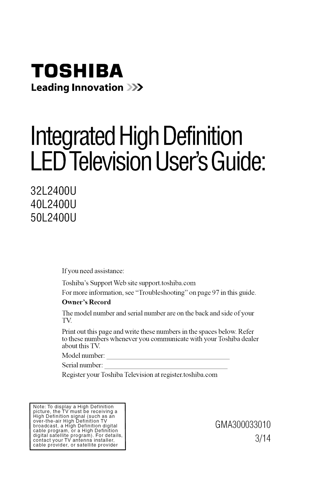 Toshiba 50L2400U, 40L2400U manual IntegratedHighDefinition LEDTelevisionUsersGuide, Leading Innovation 