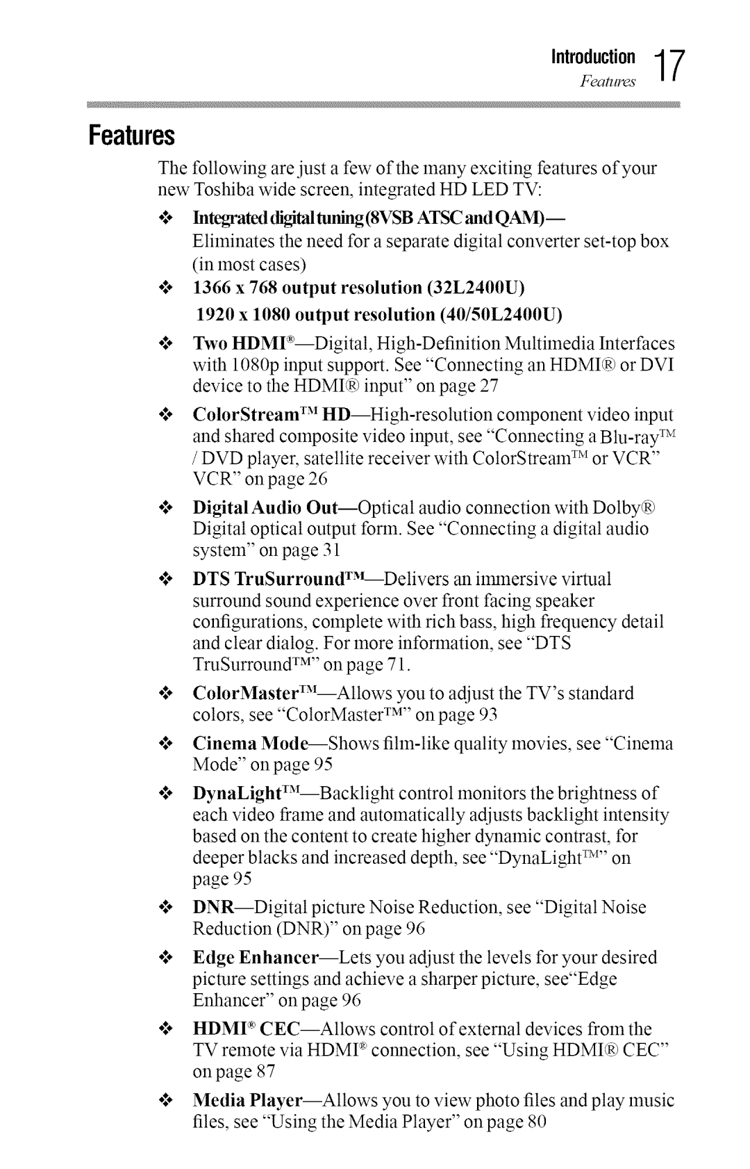 Toshiba 50L2400U, 40L2400U manual Features, Introduction17 