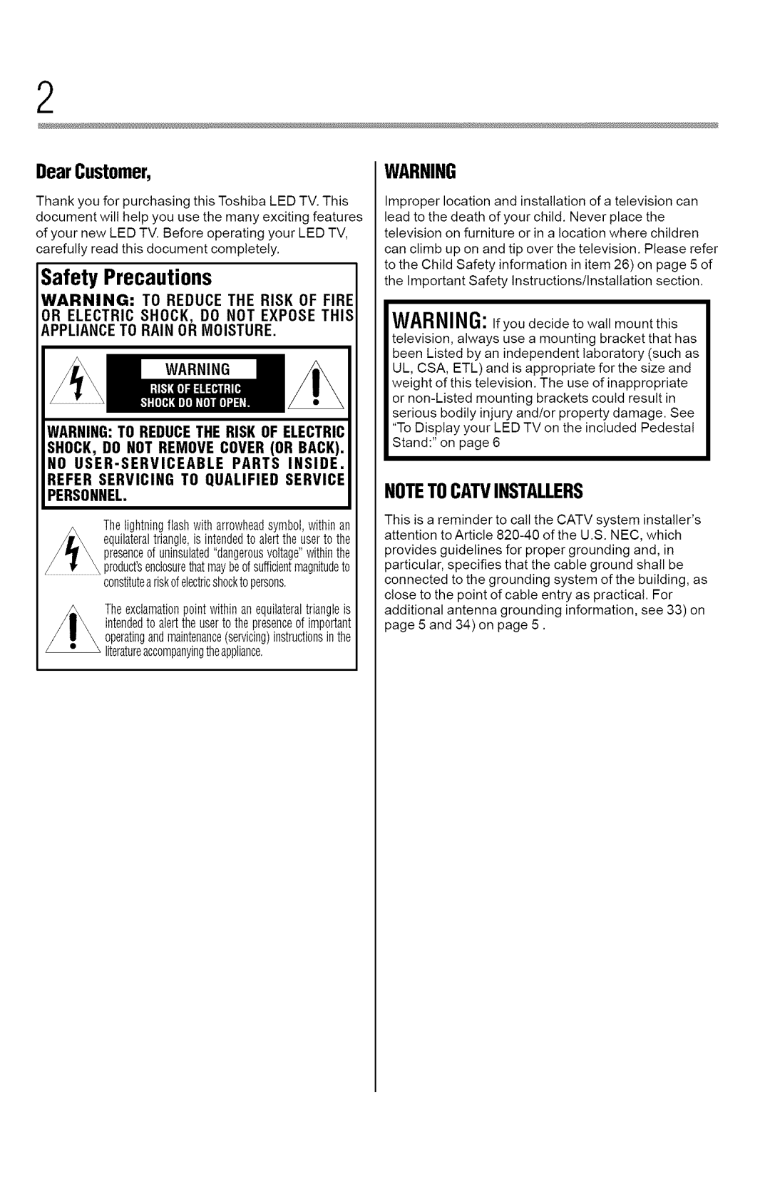 Toshiba 40L2400U, 50L2400U manual DearCustomer, Safety Precautions 