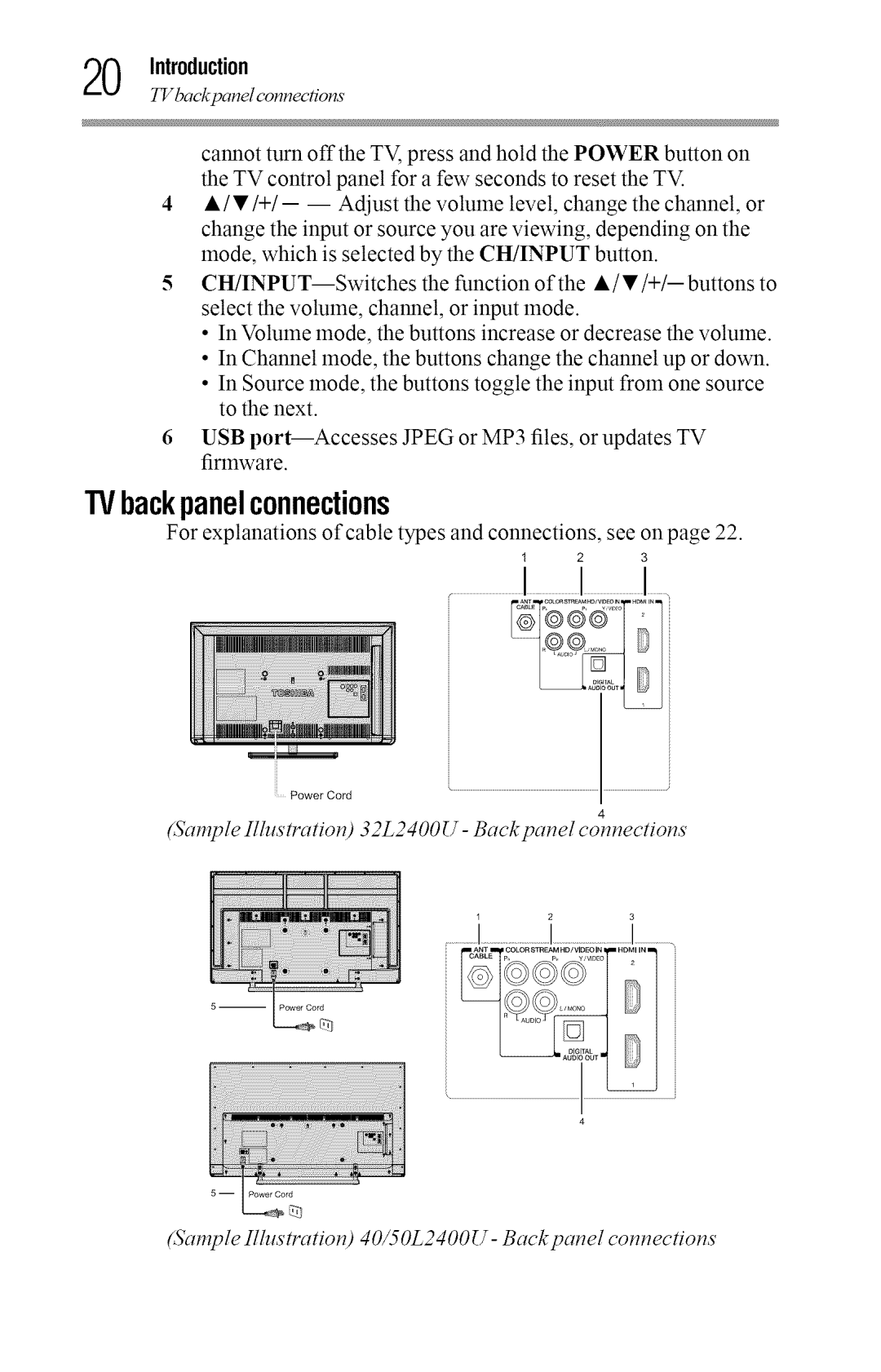 Toshiba 40L2400U, 50L2400U manual IV backpanelconnections, Sample Illustration 32L2 400U- Back pcmel connections 