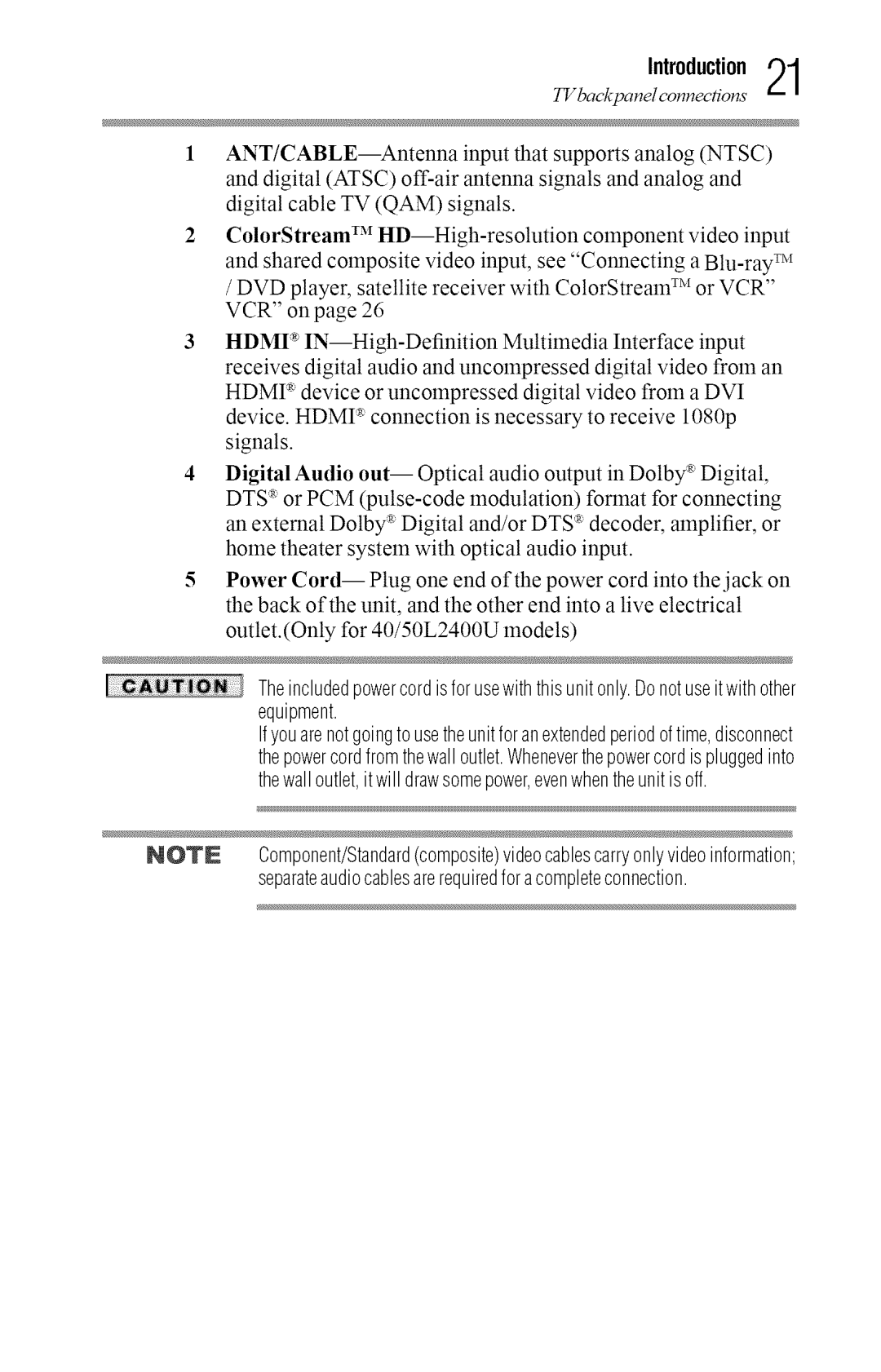 Toshiba 50L2400U, 40L2400U manual Introduction21, Thewalloutlet,itwilldrawsomepower,evenwhentheunitisoff 