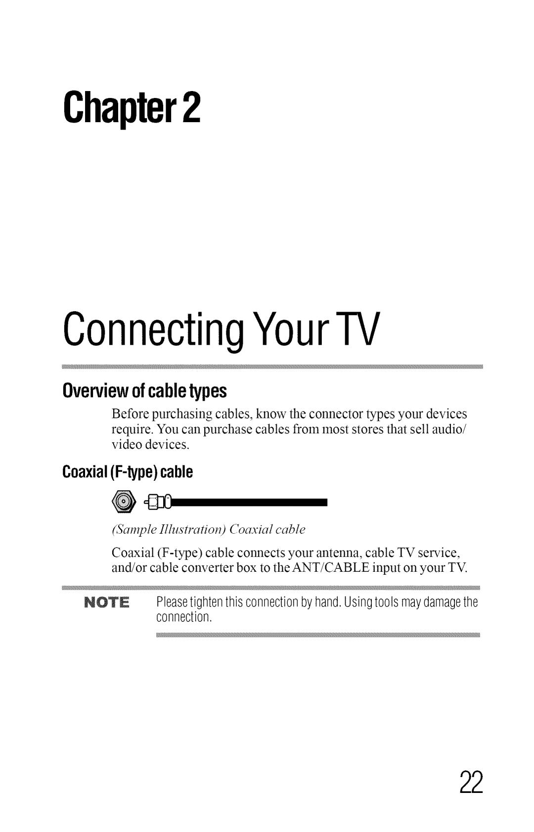 Toshiba 40L2400U, 50L2400U manual Overviewofcabletypes, CoaxialF-typecable, Sample Illustration oaxial cable 