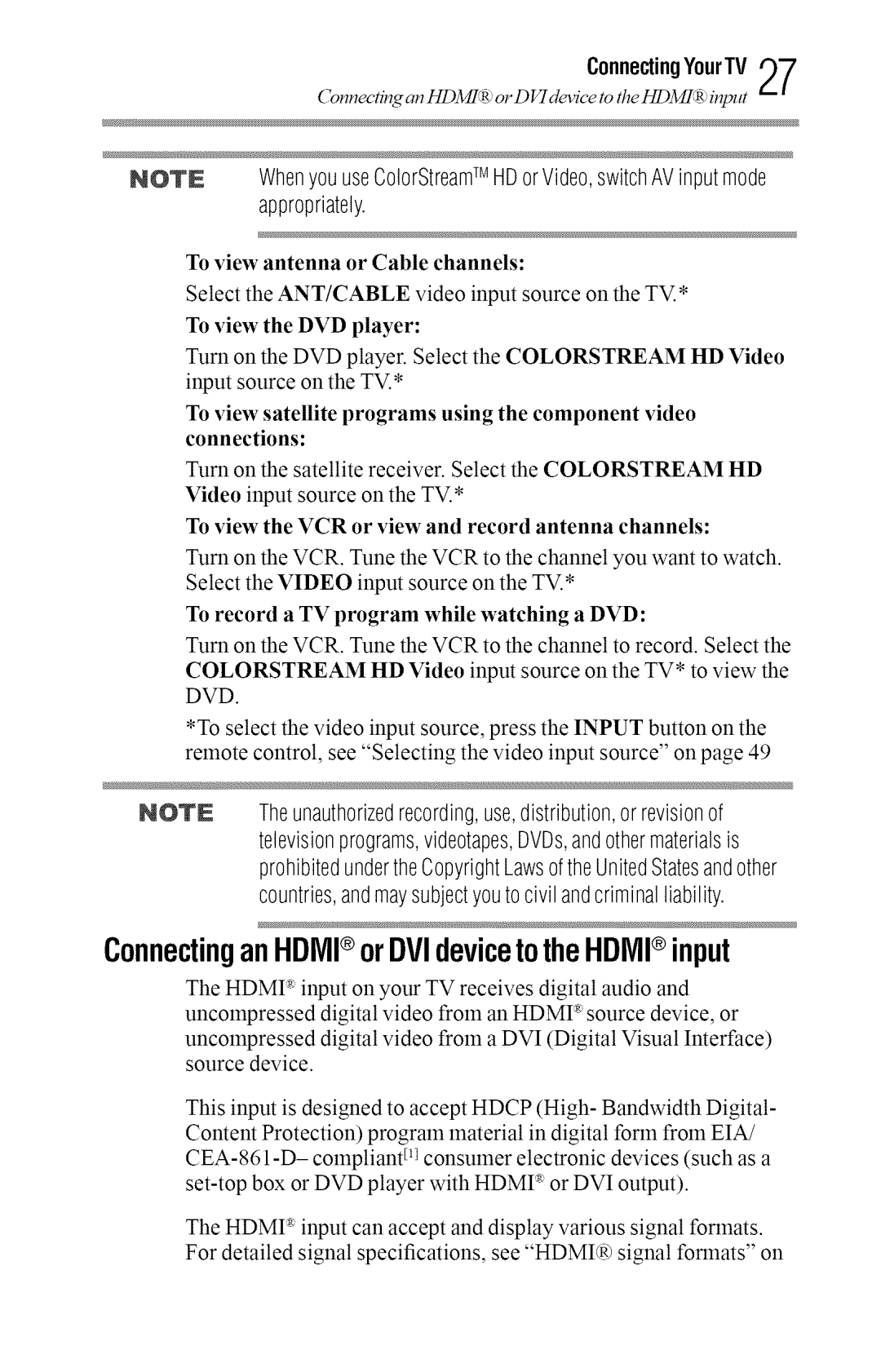 Toshiba 50L2400U, 40L2400U manual ConnectinganHDIVII or DVIdevicetotheHDIVII input, Appropriately 