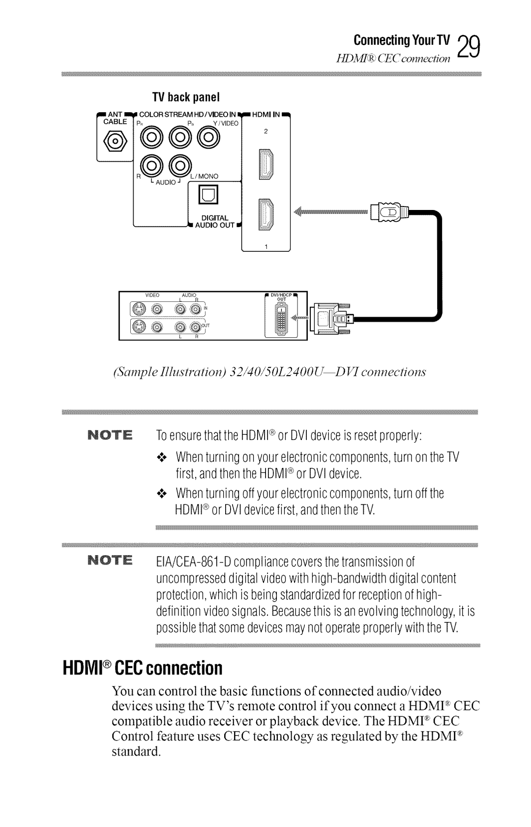 Toshiba 50L2400U, 40L2400U manual Hdivii CECconnection, ToensurethattheHDMI orDVIdeviceisresetproperly 