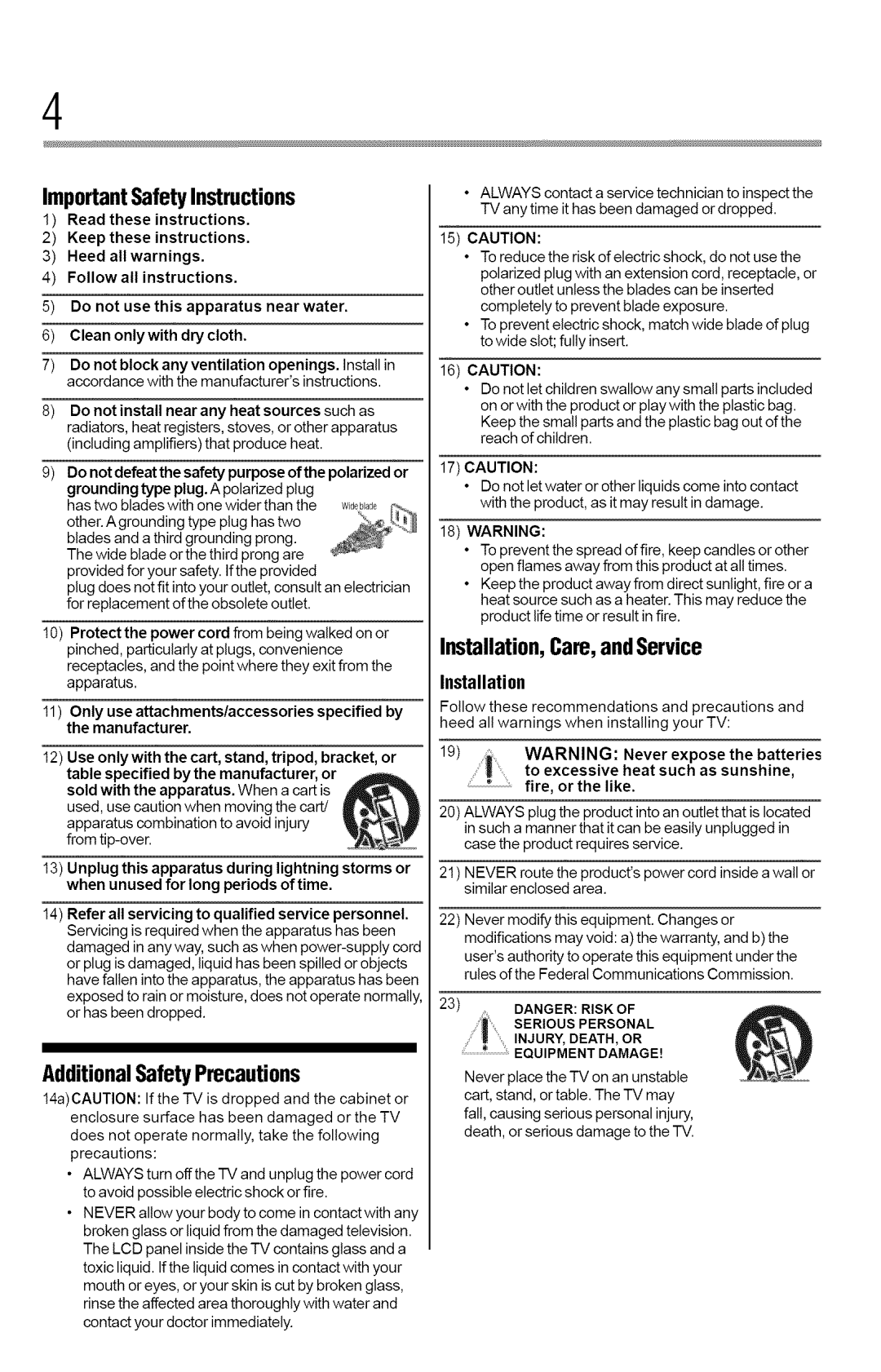 Toshiba 40L2400U, 50L2400U manual ImportantSafetyInstructions, AdditionalSafetyPrecautions, Installation,Care,andService 