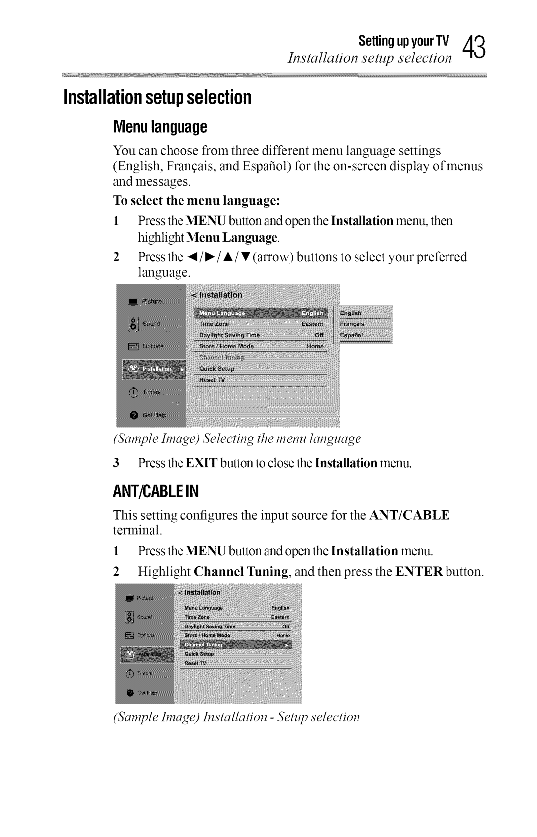 Toshiba 50L2400U, 40L2400U manual Installationsetupselection, Menulanguage, SettingupyourTV, Installation setup selection 