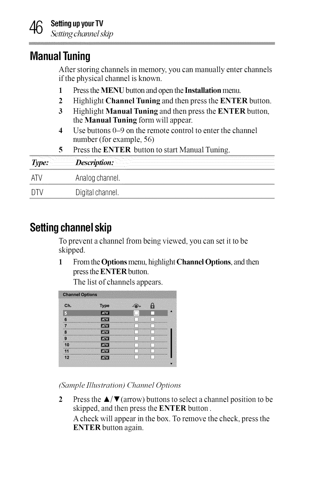 Toshiba 40L2400U, 50L2400U ManualTuning, Settingchannelskip, Settiq channel skip, ATV Analogchannel DTV Digitalchannel 