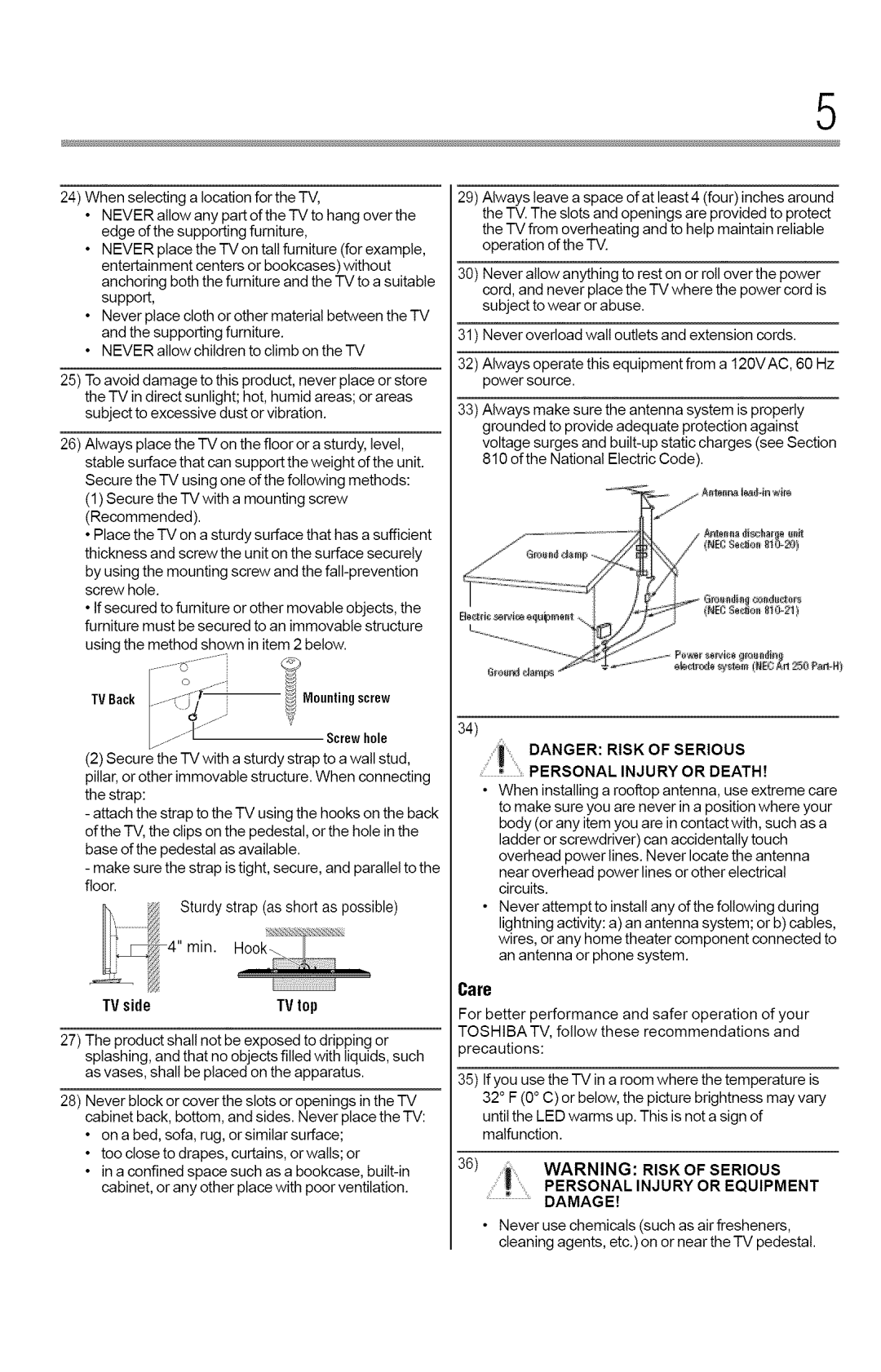 Toshiba 50L2400U, 40L2400U manual Personal Injury or Death 