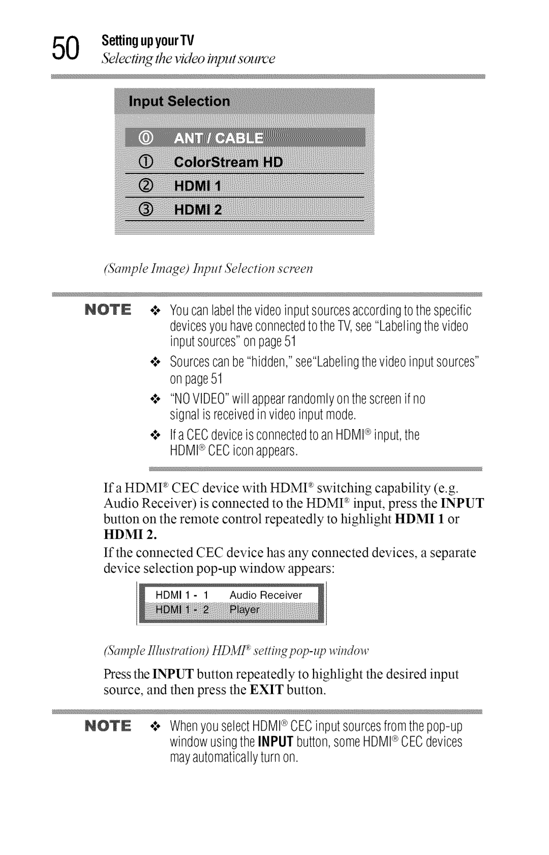 Toshiba 40L2400U, 50L2400U manual Selectiq the video input source, SampleIllustiatiol?HDMI settilgpop-up wildow 