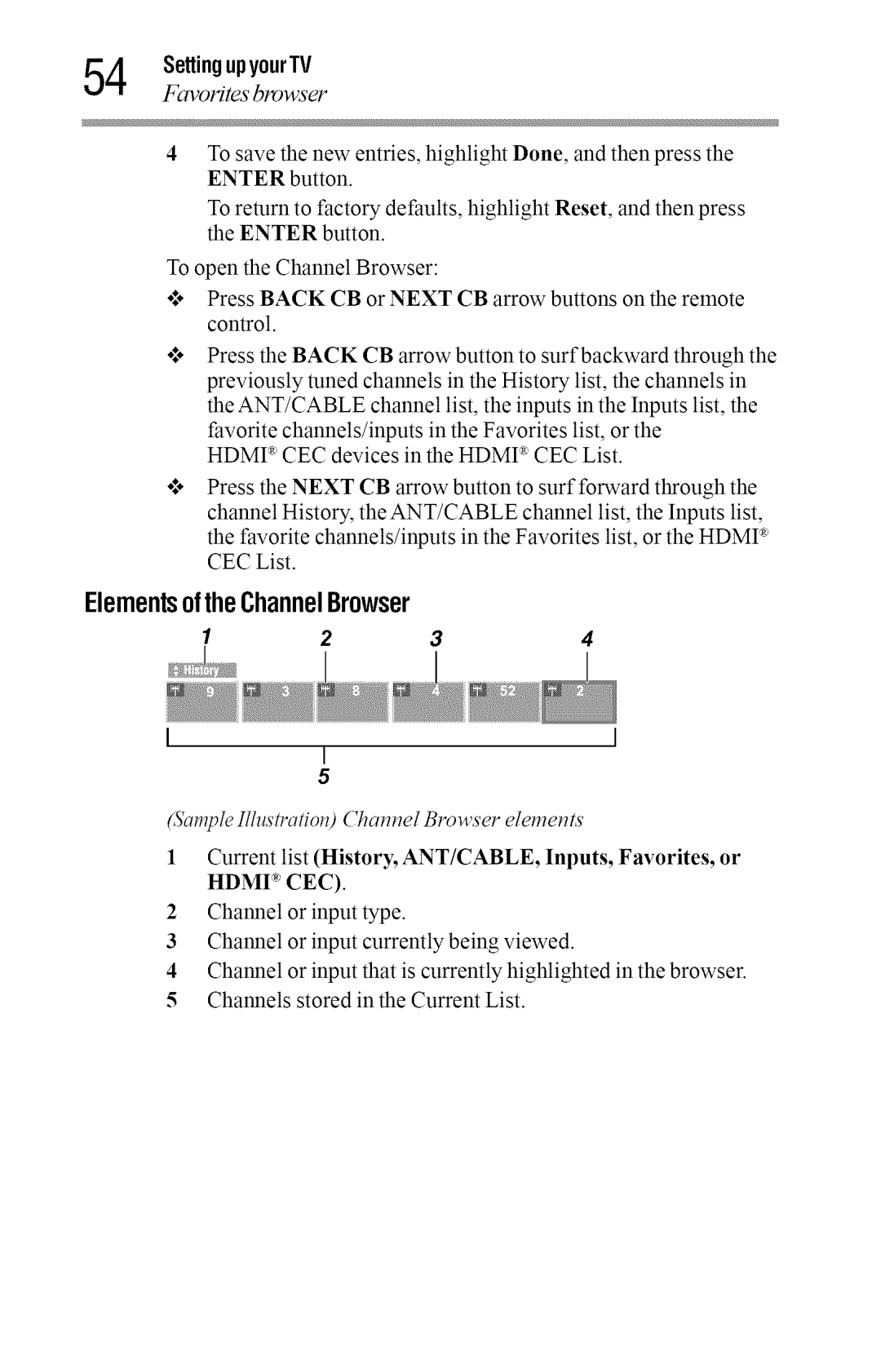 Toshiba 40L2400U, 50L2400U ElementsoftheChannelBrowser, Favorites browser, Sample IllustratiolChannel Browser elements 