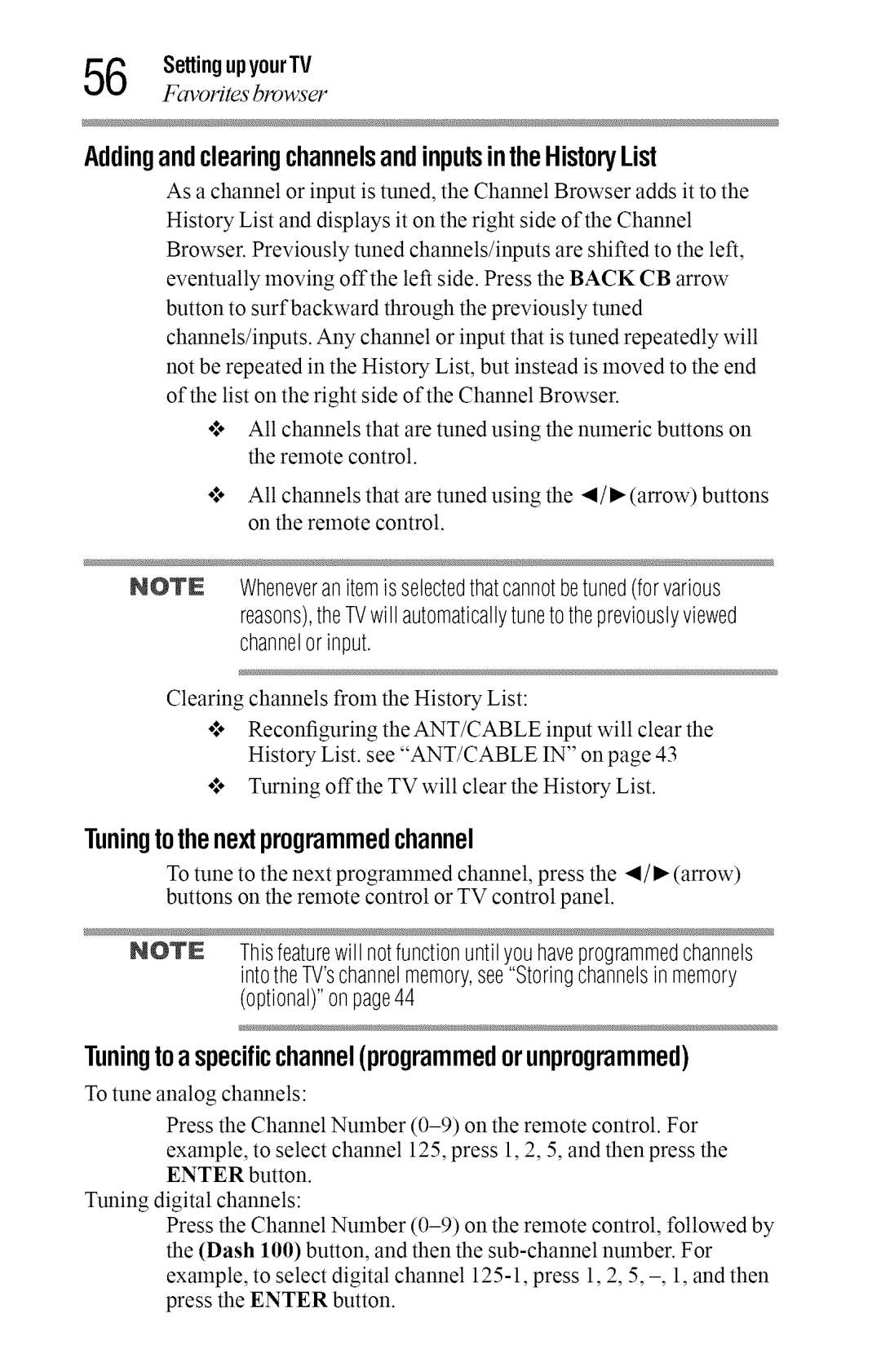 Toshiba 40L2400U AddingandclearingchannelsandinputsintheHistoryList, Tuningtothenextprogrammedchannel, Channelor input 