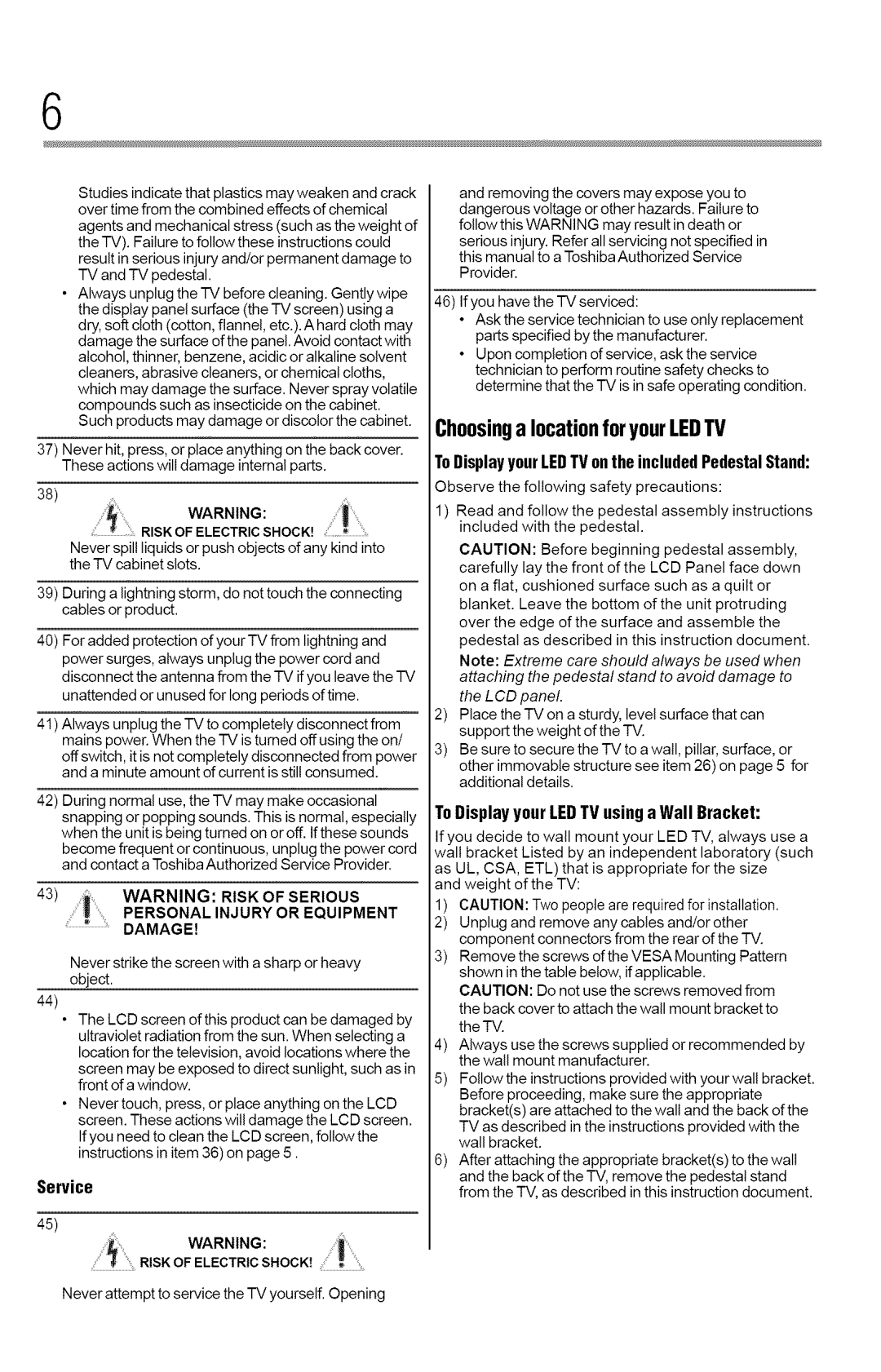 Toshiba 40L2400U, 50L2400U manual Choosinga locationforyourLEDTV, Risk Ofelectricshock 