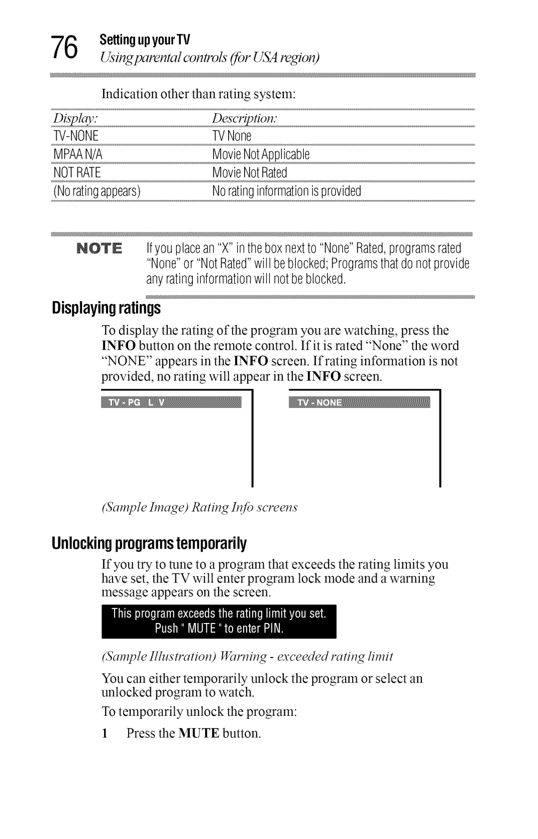 Toshiba 40L2400U, 50L2400U manual Displayingratings, Unlockingprogramstemporarily, Anyratinginformationwill notbeblocked 
