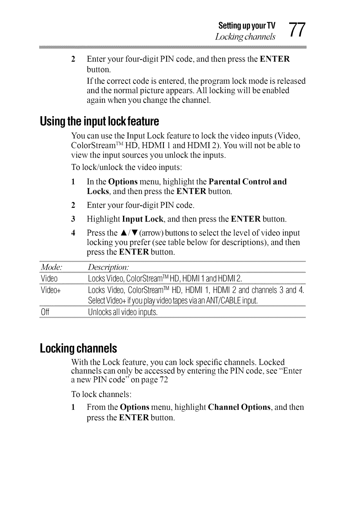 Toshiba 50L2400U manual Lockingchannels, Usingtheinputlockfeature, Video LocksVideo,ColorStreamTM HD,HDMI1andHDMI2 Video+ 