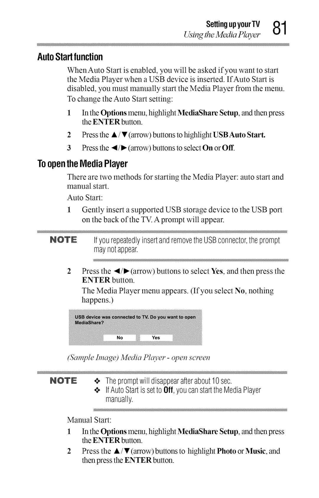 Toshiba 50L2400U, 40L2400U manual ToopentheMediaPlayer, Usi the Media Player, Auto Start function 