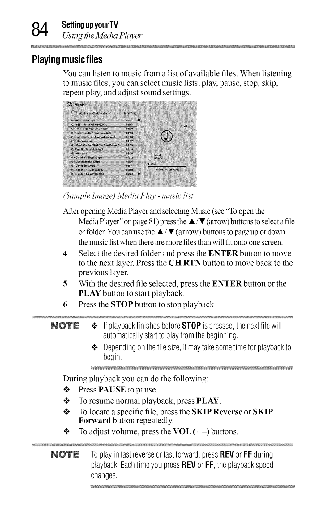 Toshiba 40L2400U, 50L2400U manual Playing music files, PlaybackEachtimeyoupress.REVor FF,theplaybackspeed changes 