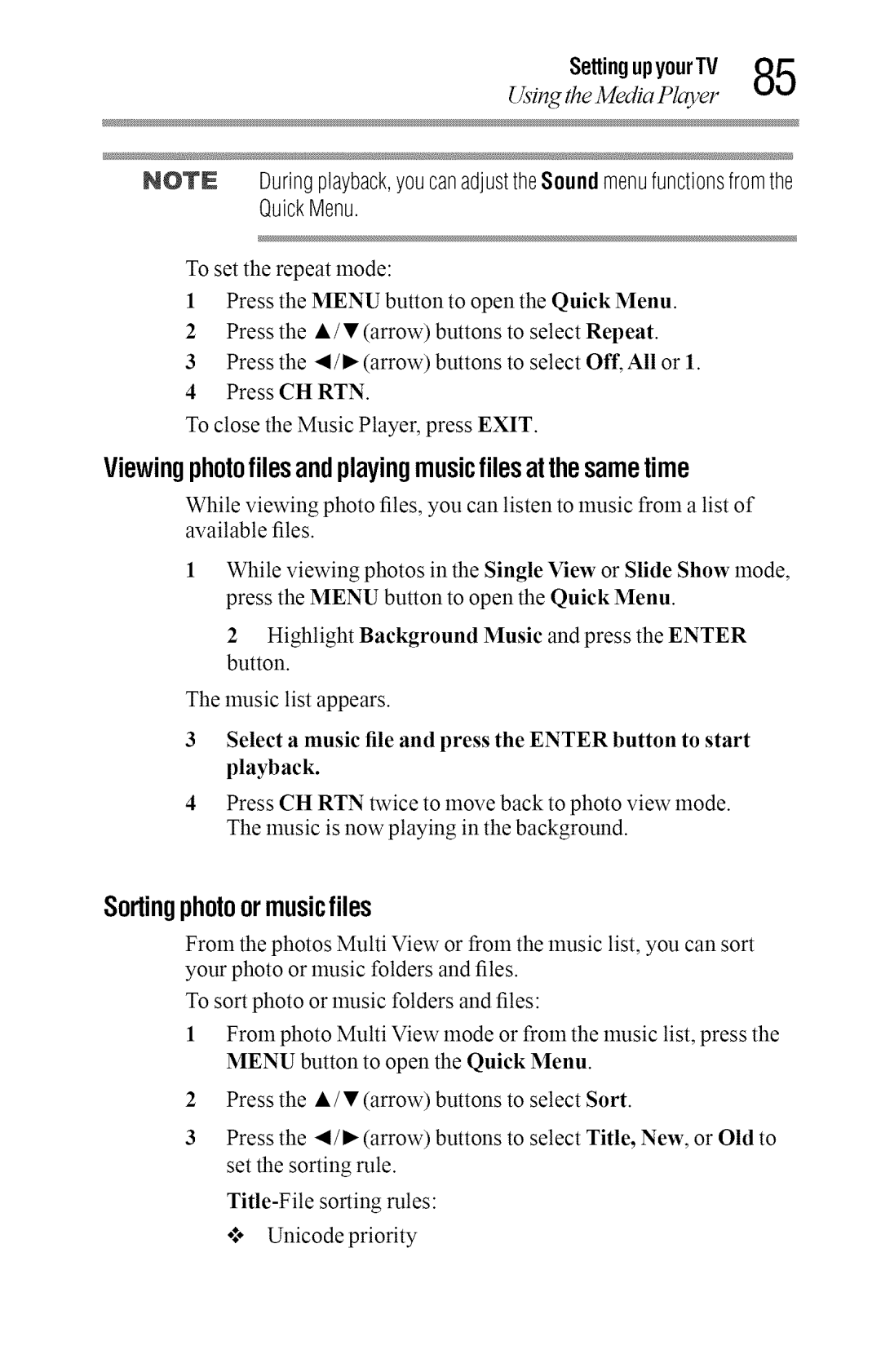 Toshiba 50L2400U, 40L2400U manual Viewingphotofilesandplayingmusicfilesat thesametime, Sortingphotoor music files 