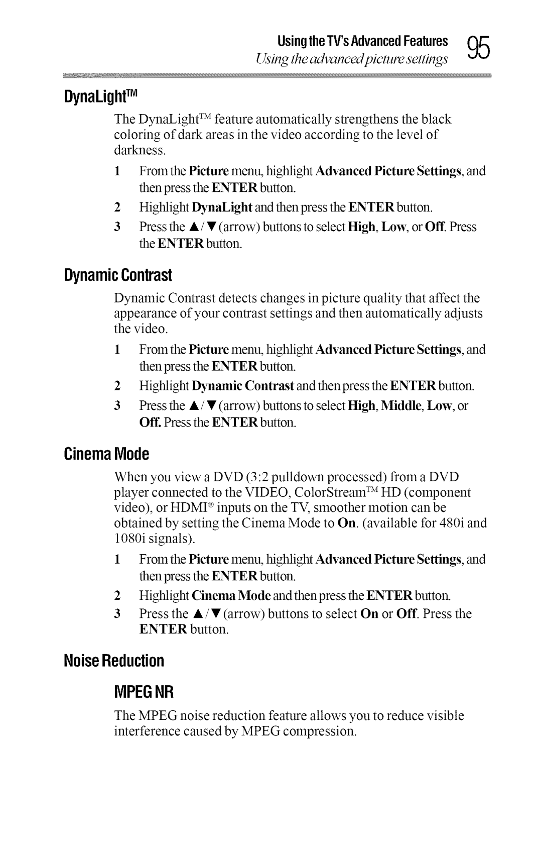 Toshiba 50L2400U, 40L2400U manual CinemaMode, DynaLightTM, DynamicContrast, NoiseReduction, UsingtheTVsAdvancedFeatures 
