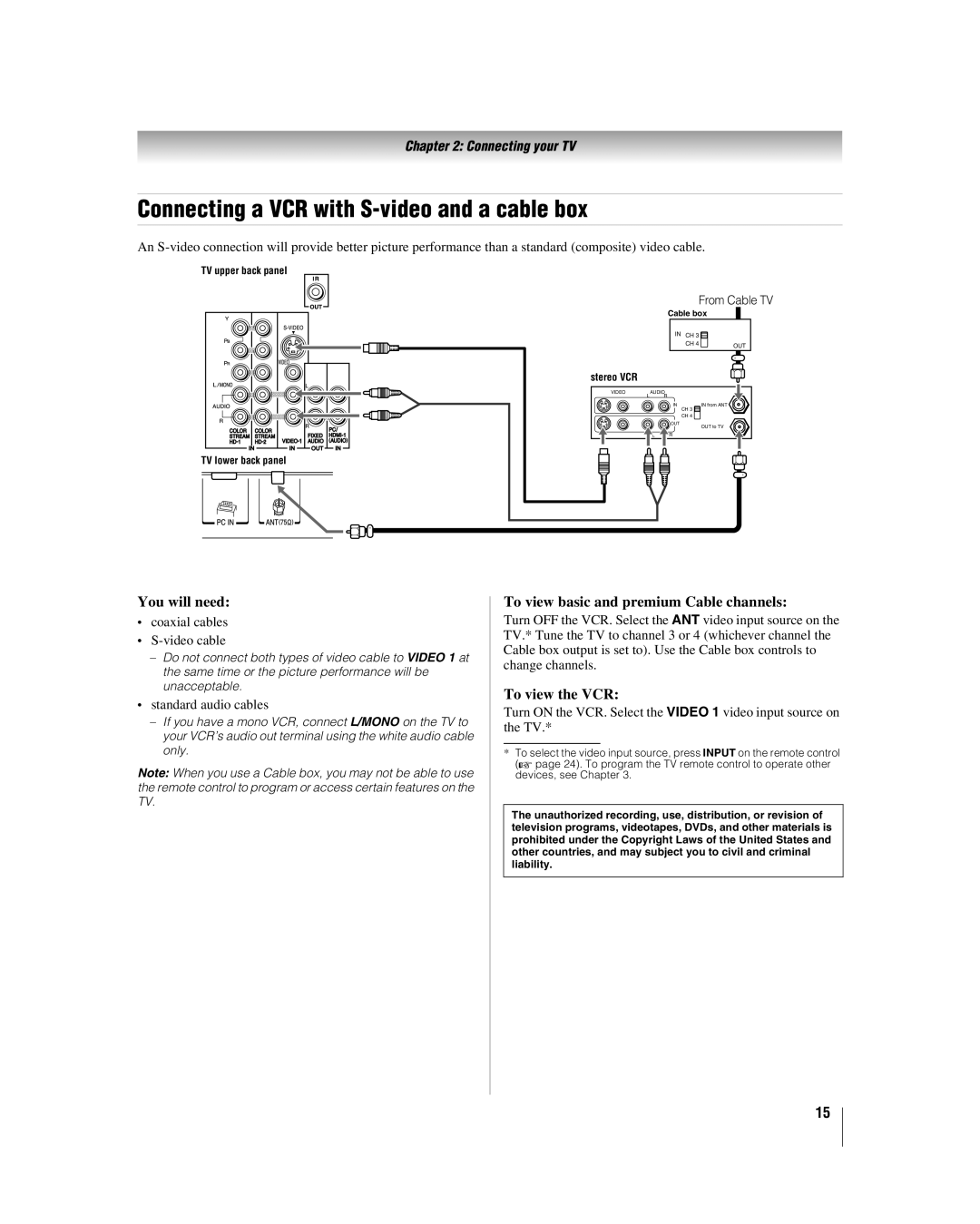 Toshiba 40RF350U manual Connecting a VCR with S-video and a cable box, To view basic and premium Cable channels 