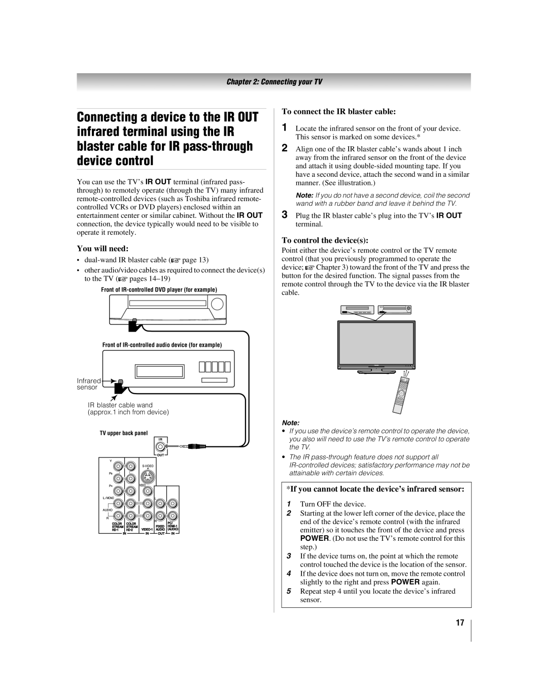 Toshiba 40RF350U manual To connect the IR blaster cable, To control the devices 