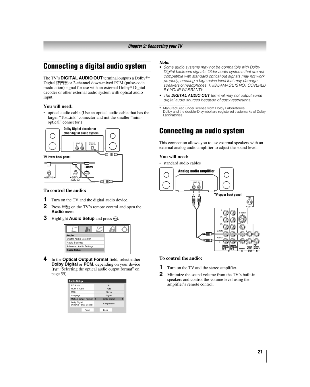 Toshiba 40RF350U manual Connecting an audio system, To control the audio 