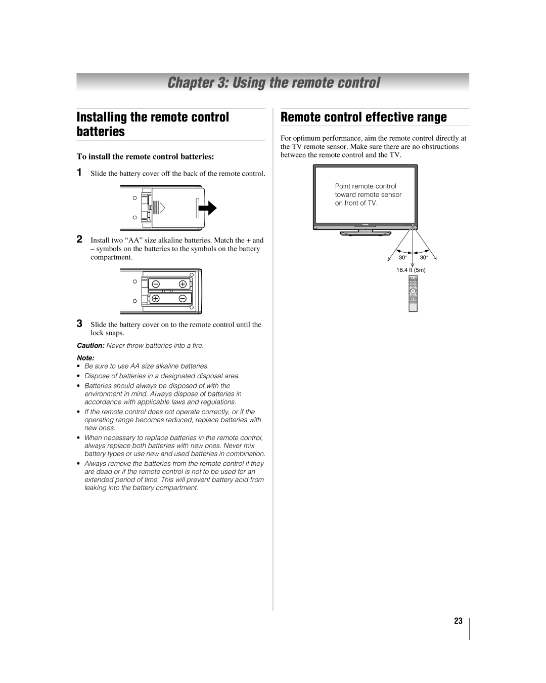 Toshiba 40RF350U manual Using the remote control, Installing the remote control batteries, Remote control effective range 