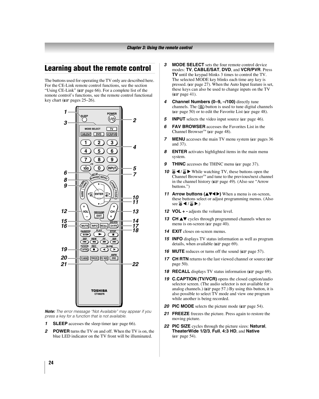 Toshiba 40RF350U manual Learning about the remote control, TheaterWide 1/2/3, Full, 43 HD, and Native 