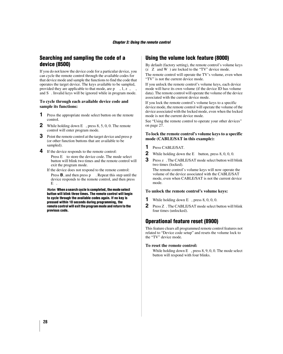 Toshiba 40RF350U Searching and sampling the code of a device, Using the volume lock feature, Operational feature reset 