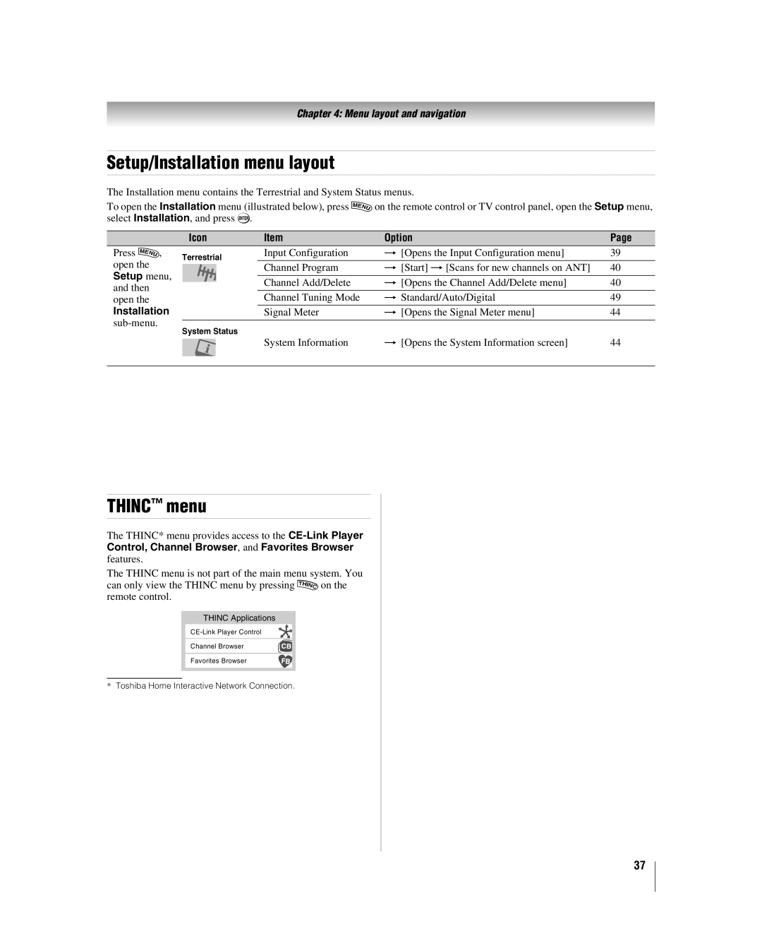 Toshiba 40RF350U manual Setup/Installation menu layout, Thinc menu, Setup menu 