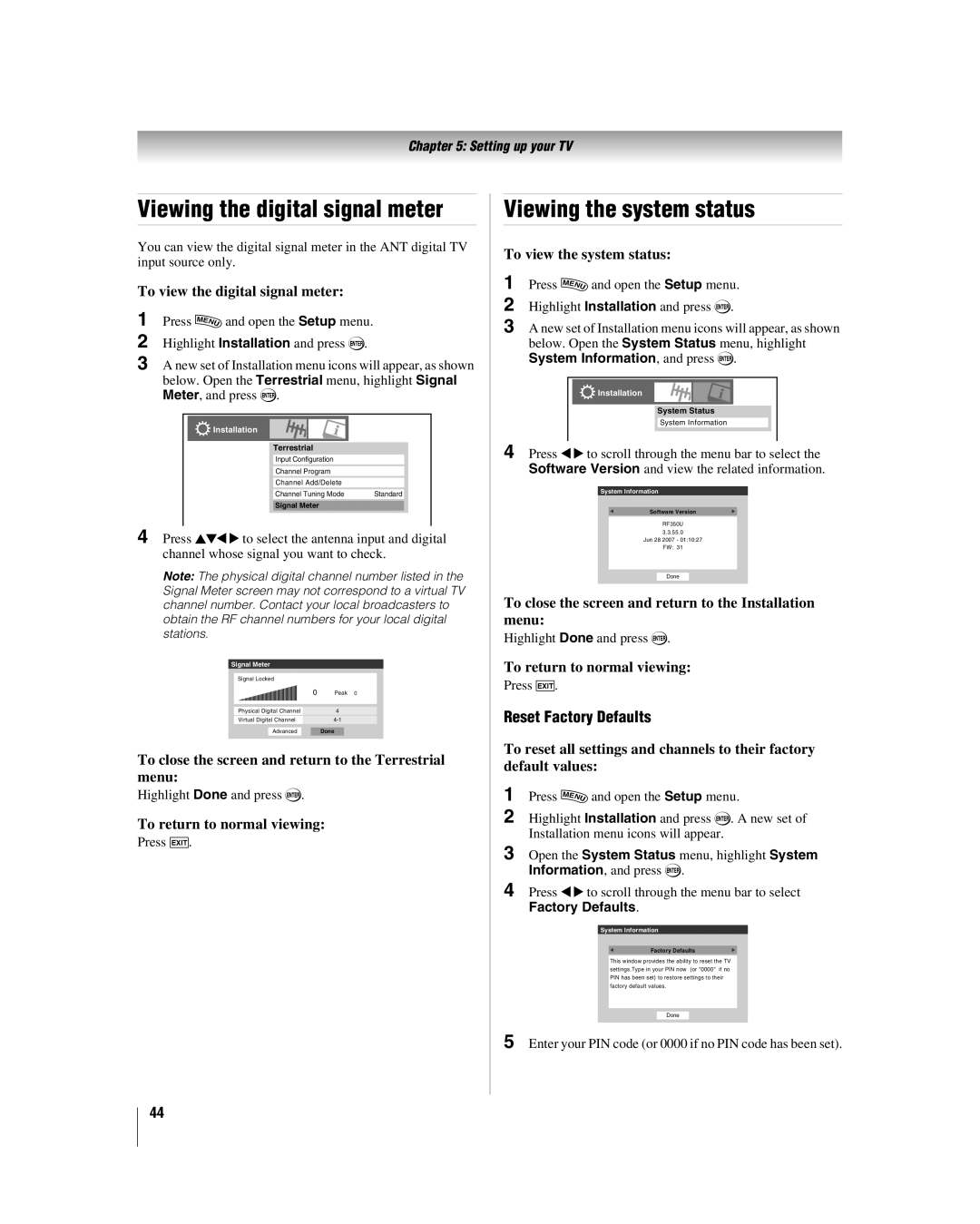 Toshiba 40RF350U manual Viewing the digital signal meter, Viewing the system status, Reset Factory Defaults 