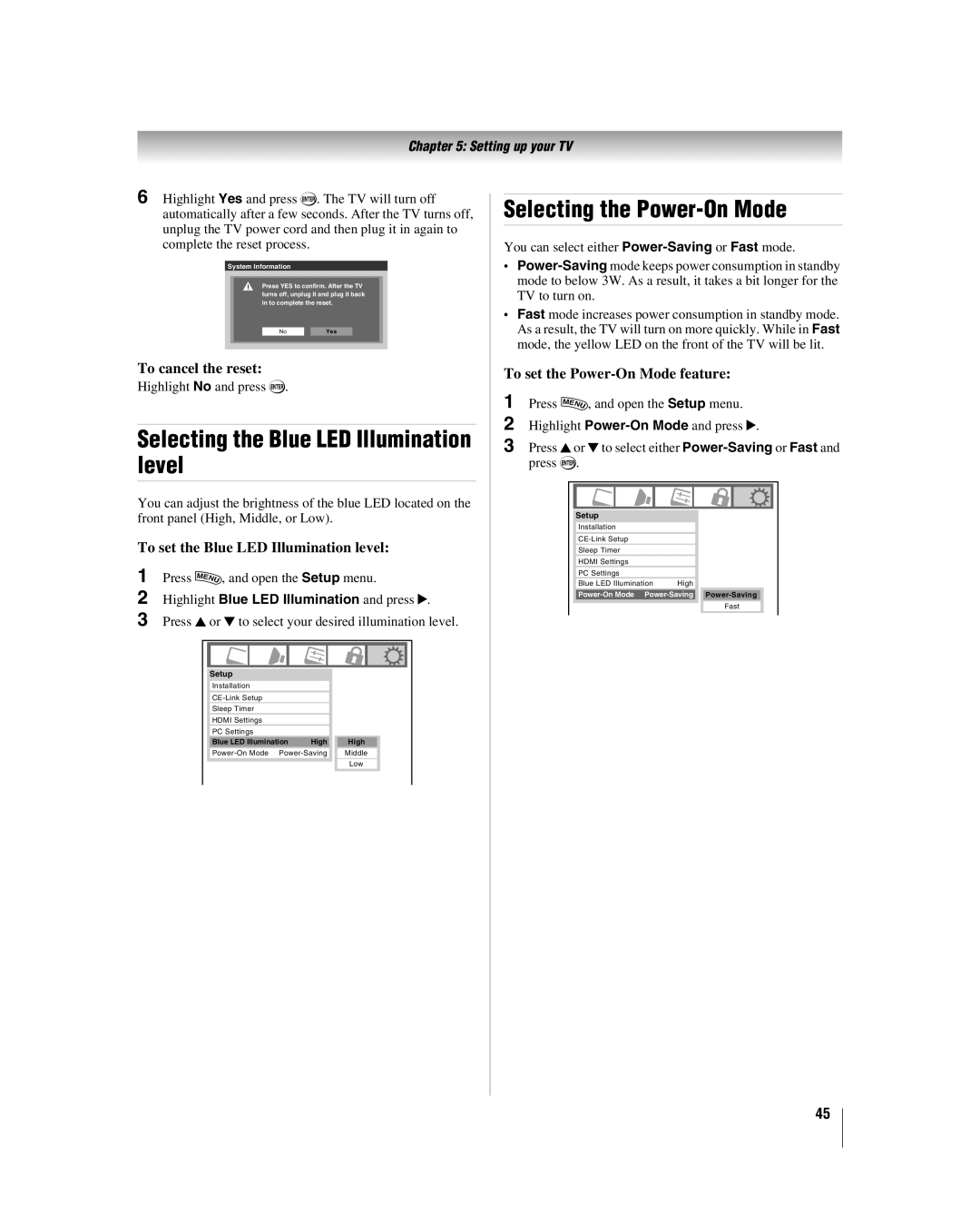 Toshiba 40RF350U manual Selecting the Blue LED Illumination level, Selecting the Power-On Mode, To cancel the reset 