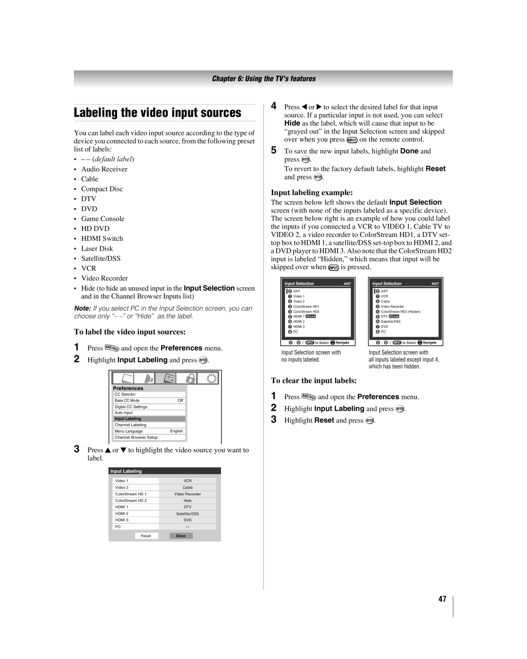 Toshiba 40RF350U manual Input labeling example, To label the video input sources, To clear the input labels 