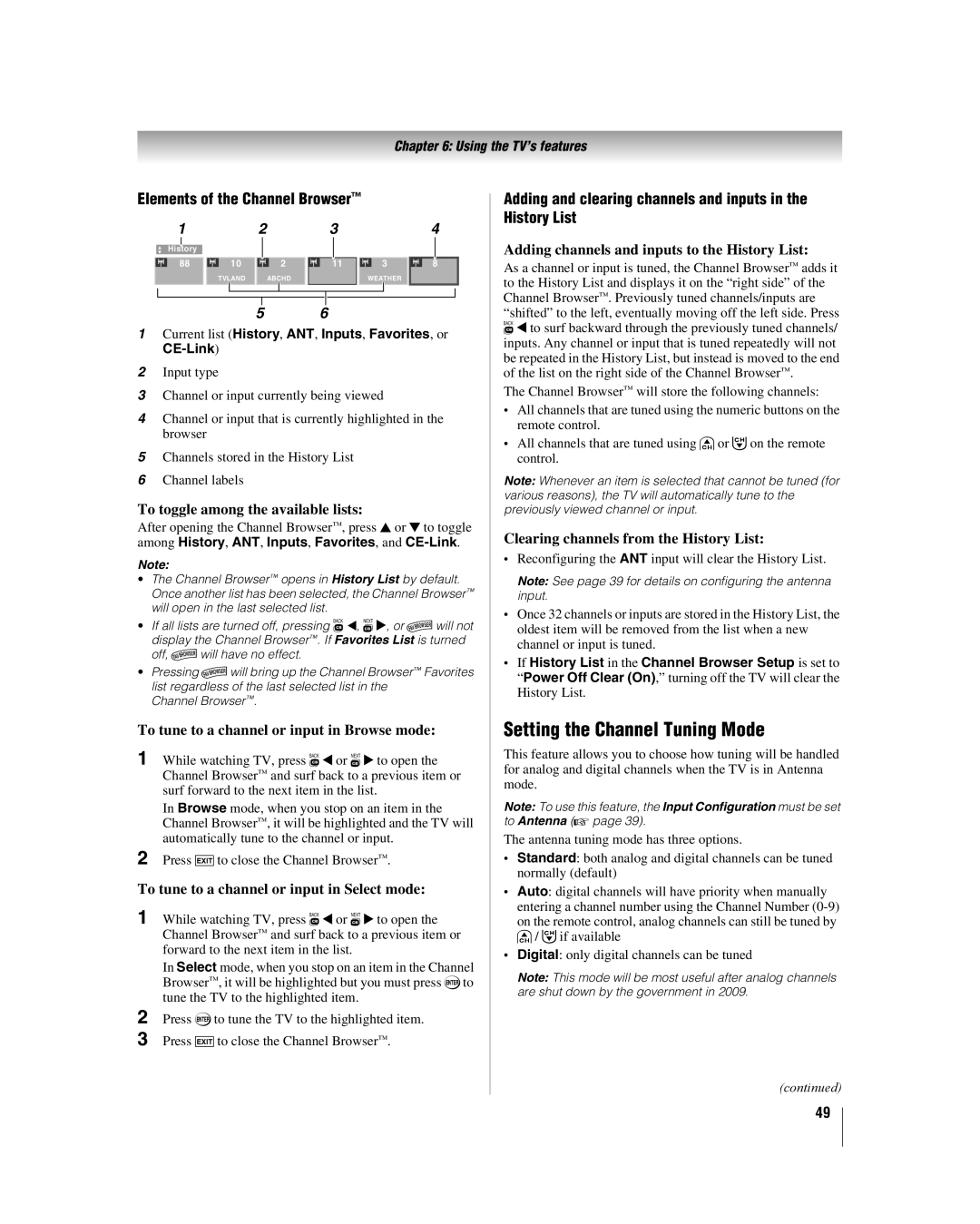 Toshiba 40RF350U manual Setting the Channel Tuning Mode, Elements of the Channel Browser 