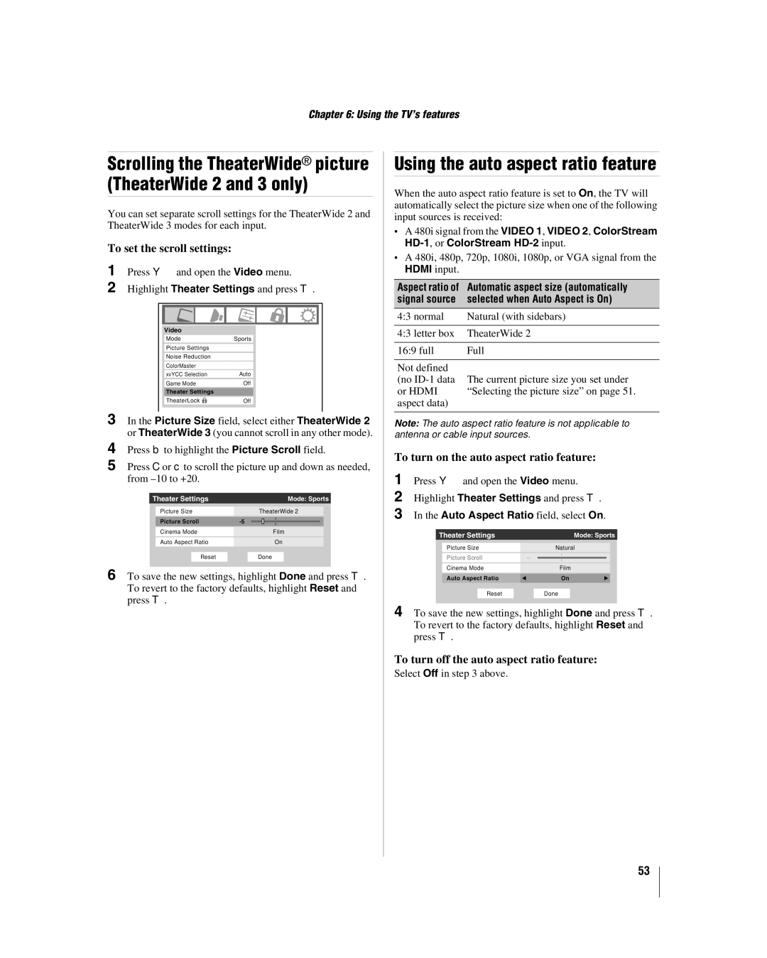 Toshiba 40RF350U Using the auto aspect ratio feature, To set the scroll settings, To turn on the auto aspect ratio feature 