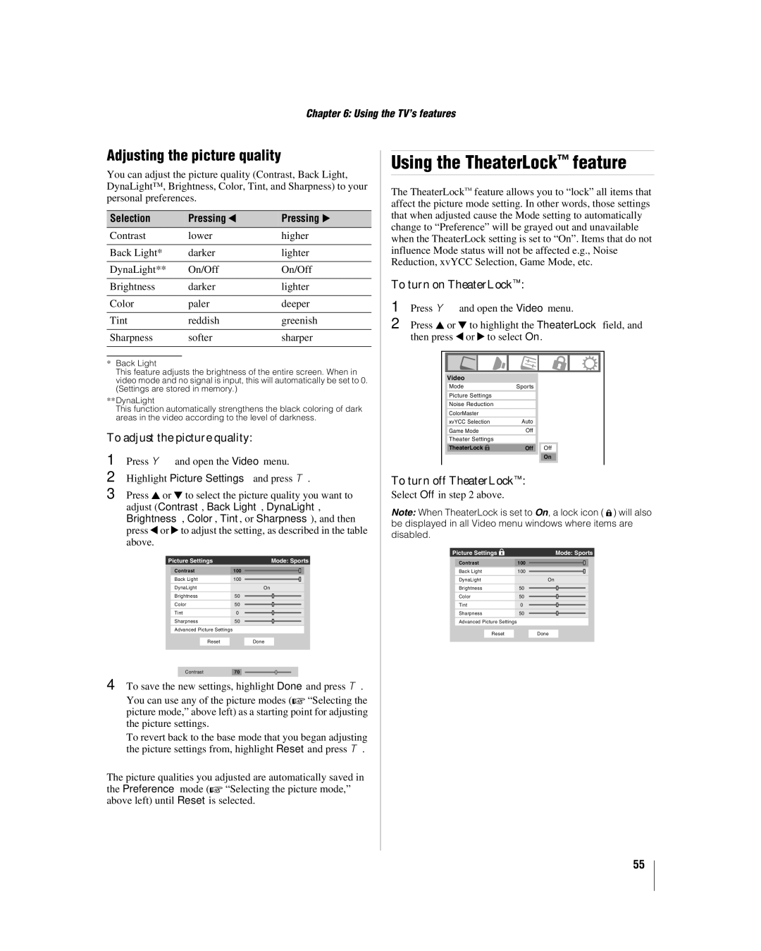 Toshiba 40RF350U manual Using the TheaterLock feature, Adjusting the picture quality, To adjust the picture quality 